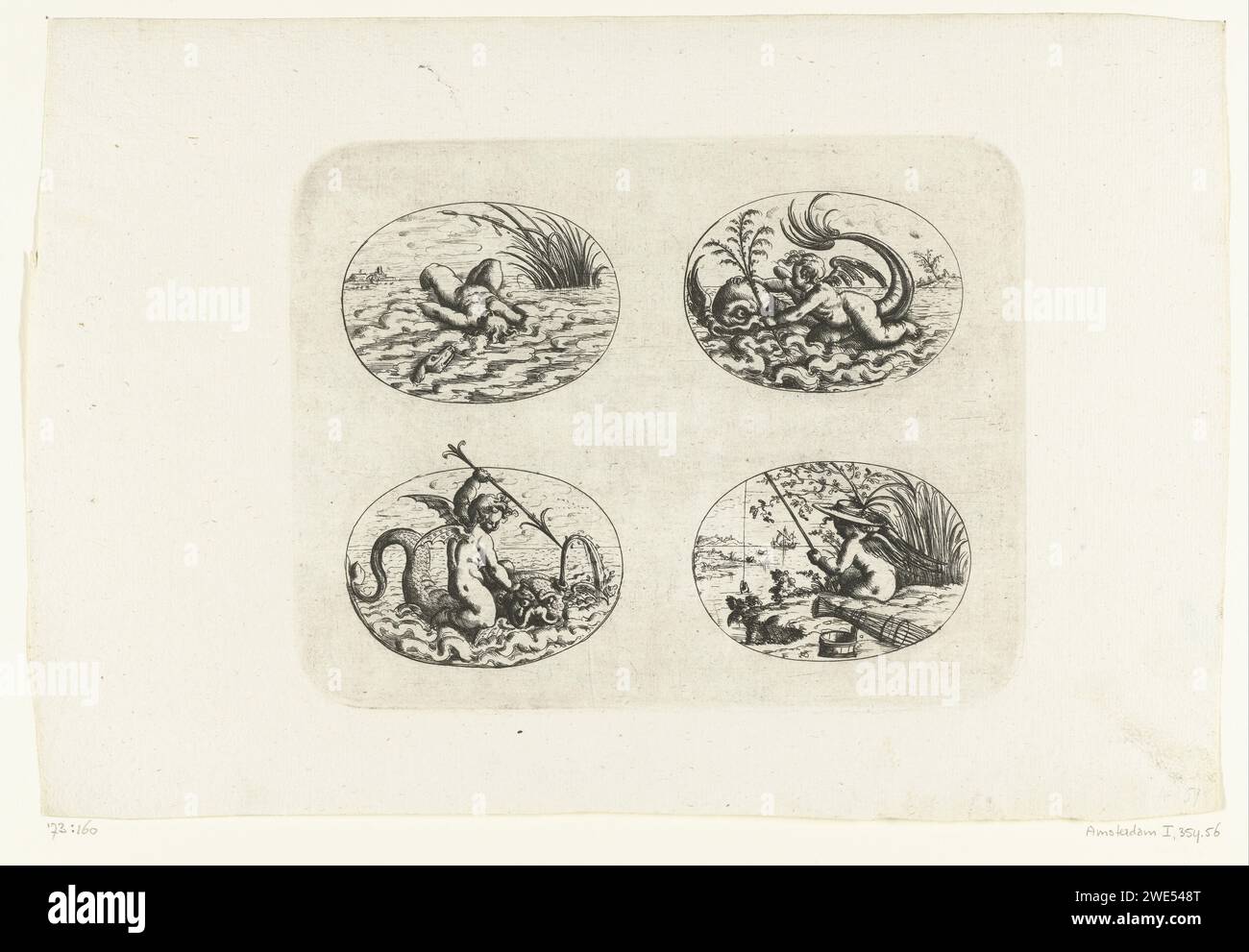 Quattro ovali sdraiati con putti, Christoph Jamnitzer, 1573 - 1610 stampa in alto a sinistra di un putto nell'acqua sulla schiena, un putto con un ramo in mano che guida un delfino, in basso a sinistra un putto con un arpione su un pesce che spruzza l'acqua e in basso a destra un putto, pescando sul lungomare. Foglia di una serie di decorazioni piatte con crete grotesken, cartigli, ovali, mascarons, putti e creature fantastiche. La collana è composta da tre riviste, due riviste di testo con l'assegnazione e la prefazione e 60 riviste, distribuite su tre libri. Incisione (forse) della carta in Germania Foto Stock
