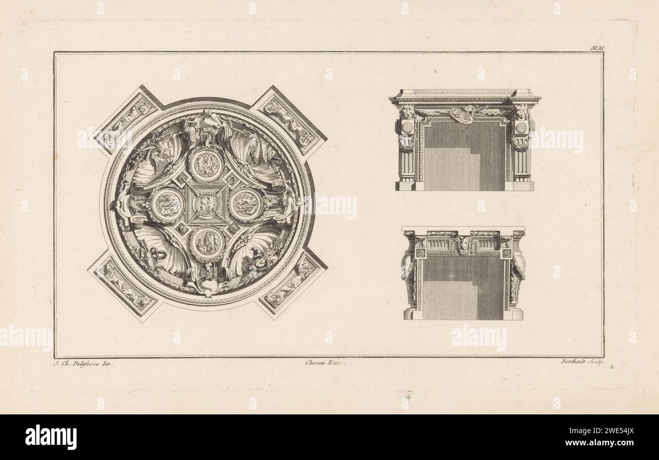 Haarden twee soffitto, Berthault, Jacques-Francois Chéreau, dopo Jean Charles Delafosse, 1771 stampa a sinistra di un soffitto tondo ornato con motivi a conchiglia, quattro medaglioni e torce. Sulla destra due caminetti con teste di leone e vasi. Soffitto con incisione/incisione in carta parigina (decorata). focolare aperto, caminetto Foto Stock