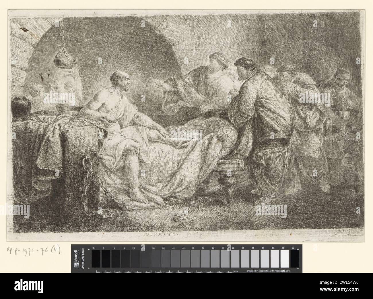 Socrate dice addio ai suoi amici in prigione, Christian Bernhard Rode, 1780 stampa di carta tipografica / incisione morte di Socrate: In prigione, circondato dai suoi discepoli in lutto, beve con calma la tazza di veleno dopo aver fatto una libagione agli dei Foto Stock