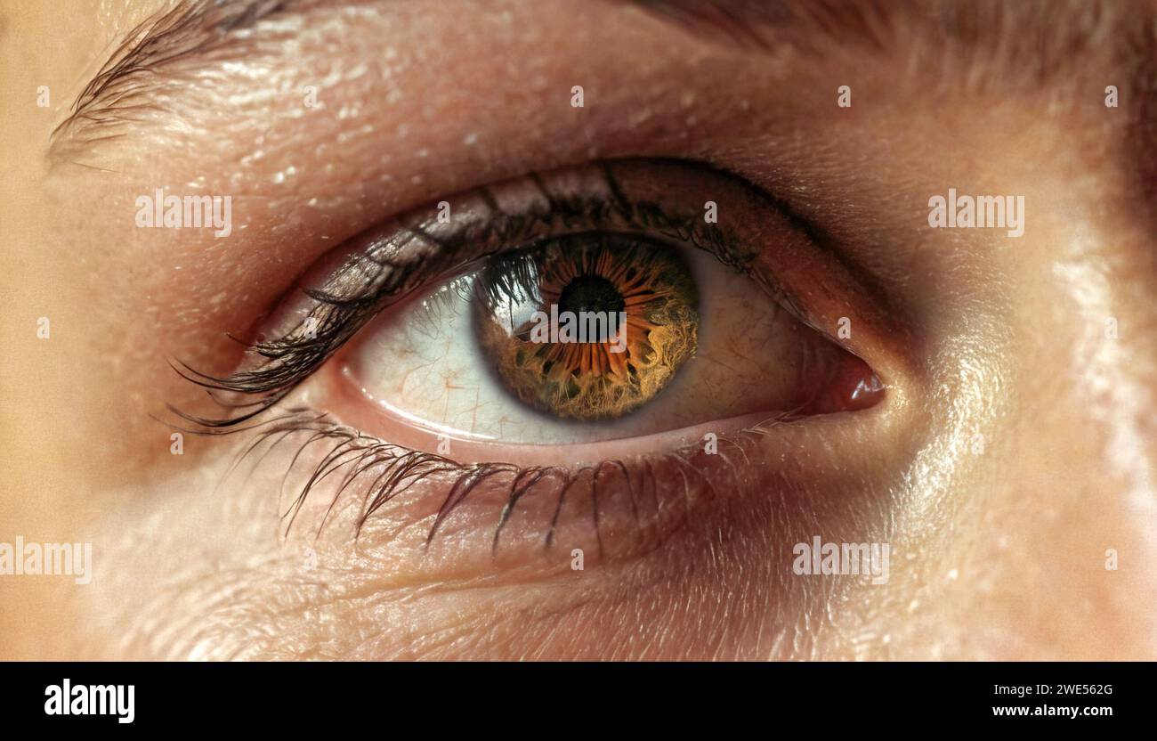 occhio ravvicinato donna retina e ciglia, trattamento laser Foto Stock