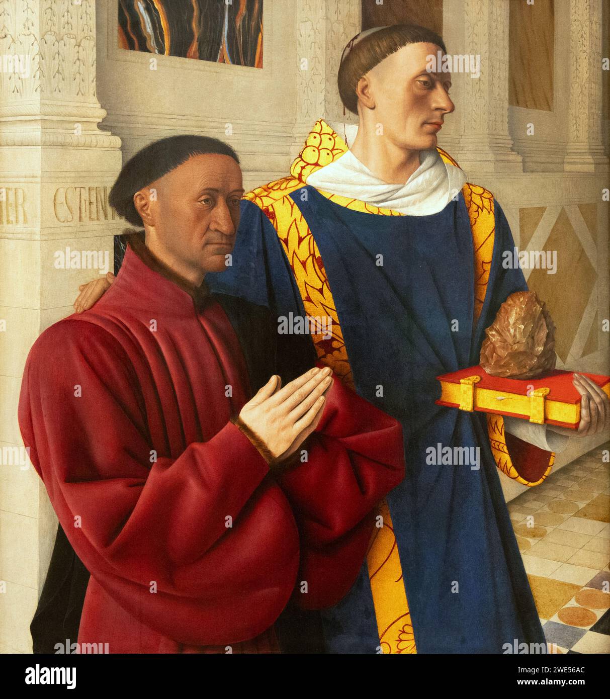 Jean Fouquet, 'Etienne Chevalier con Santo Stefano' c. 1455, parte di un dittico; pittore francese del XV secolo, pittura del primo Rinascimento Foto Stock