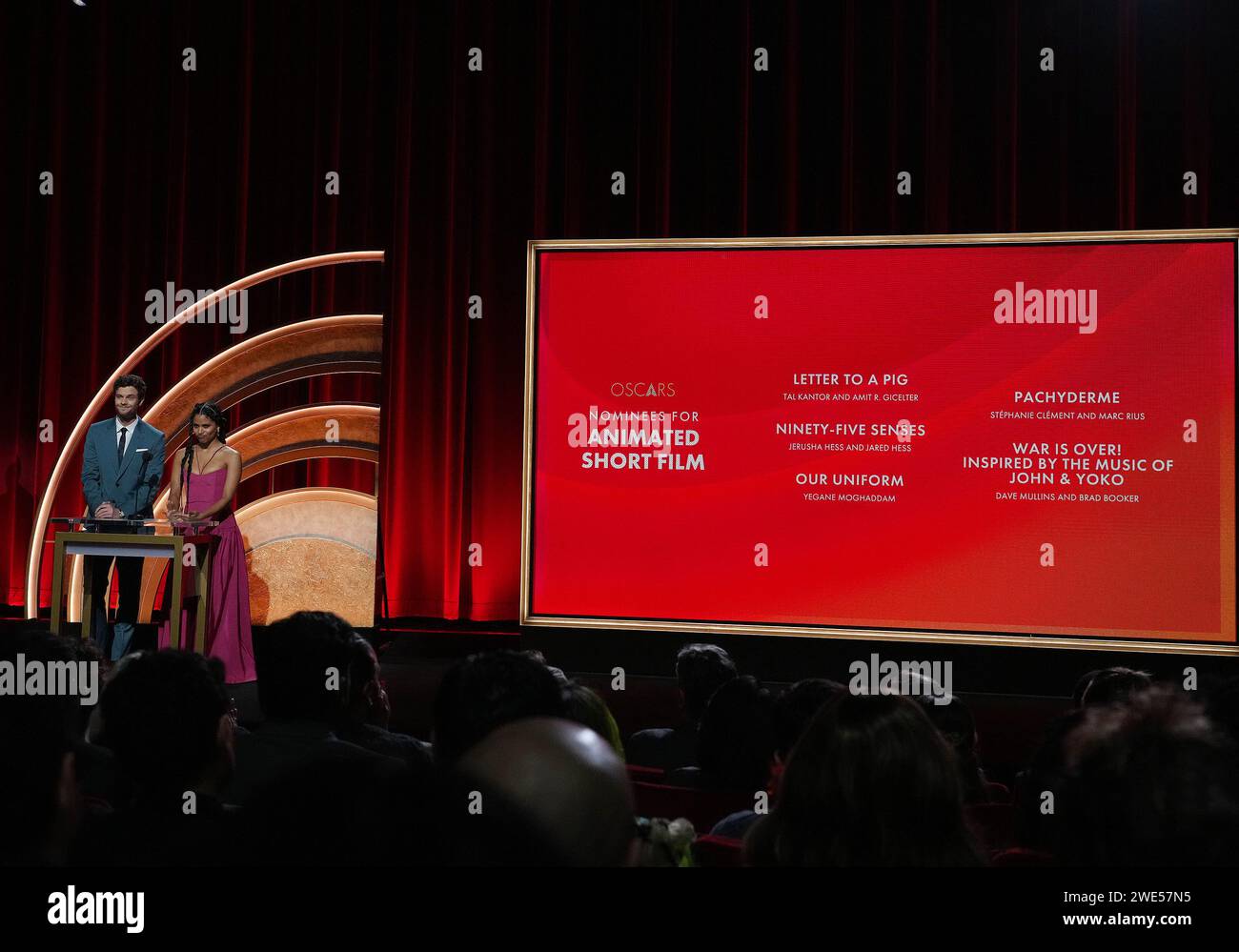 Los Angeles, USA. 23 gennaio 2024. (L-R) Jack Quaid e Zazie Beetz annunciano le candidature per IL CORTOMETRAGGIO D'ANIMAZIONE al 96° Oscar Nominations Announcement tenutosi al Samuel Goldwyn Theater, Academy of Motion Picture Arts and Sciences di Beverly Hills, CALIFORNIA martedì 23 gennaio 2024. (Foto di Sthanlee B. Mirador/Sipa USA) credito: SIPA USA/Alamy Live News Foto Stock