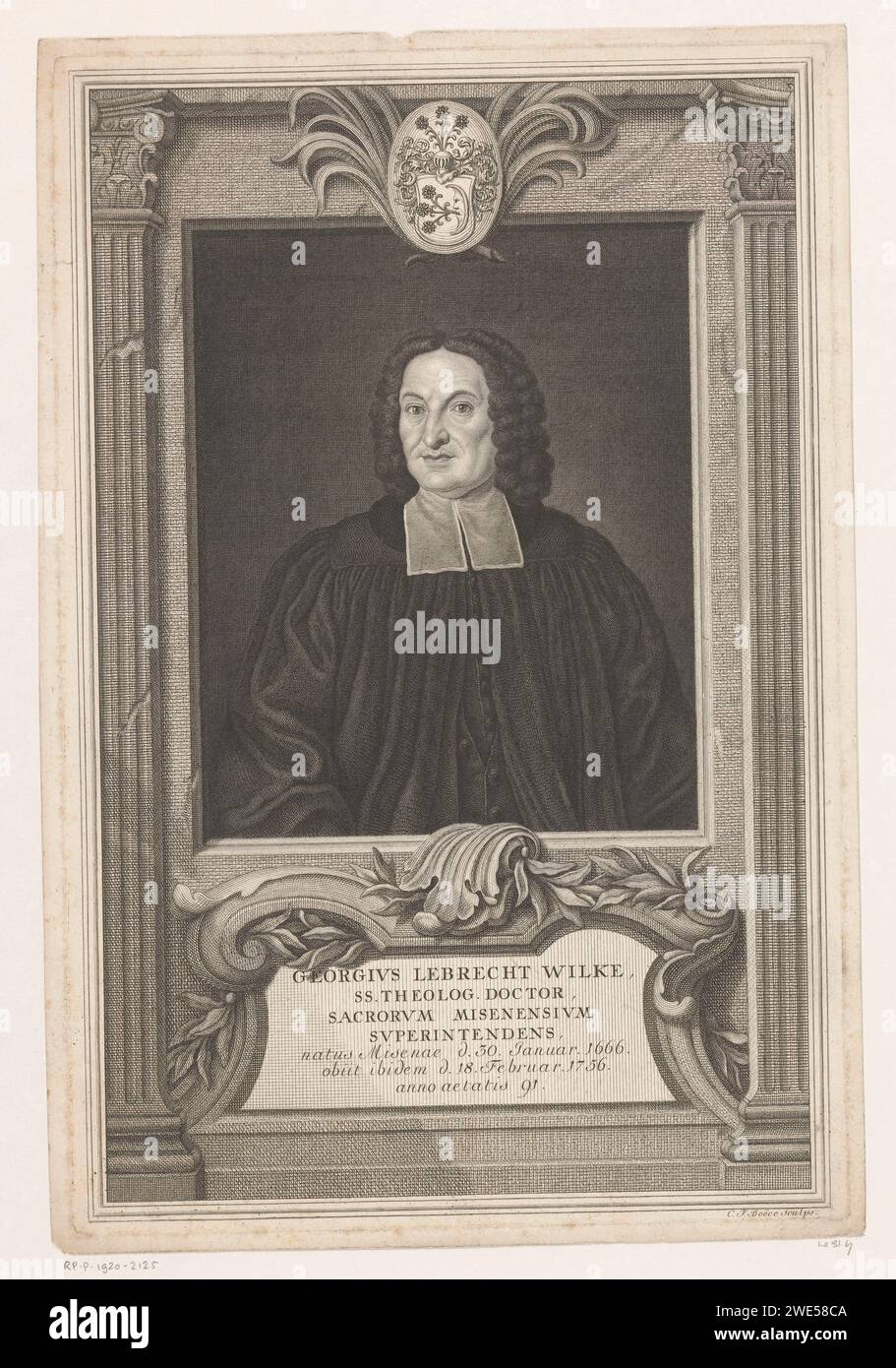 Ritratto di Georg Lebrecht Wilke, Christian Friedrich Boëtius, 1756 - 1782 stampa Dresda carta che incide personaggi storici. cuscinetto araldico Foto Stock