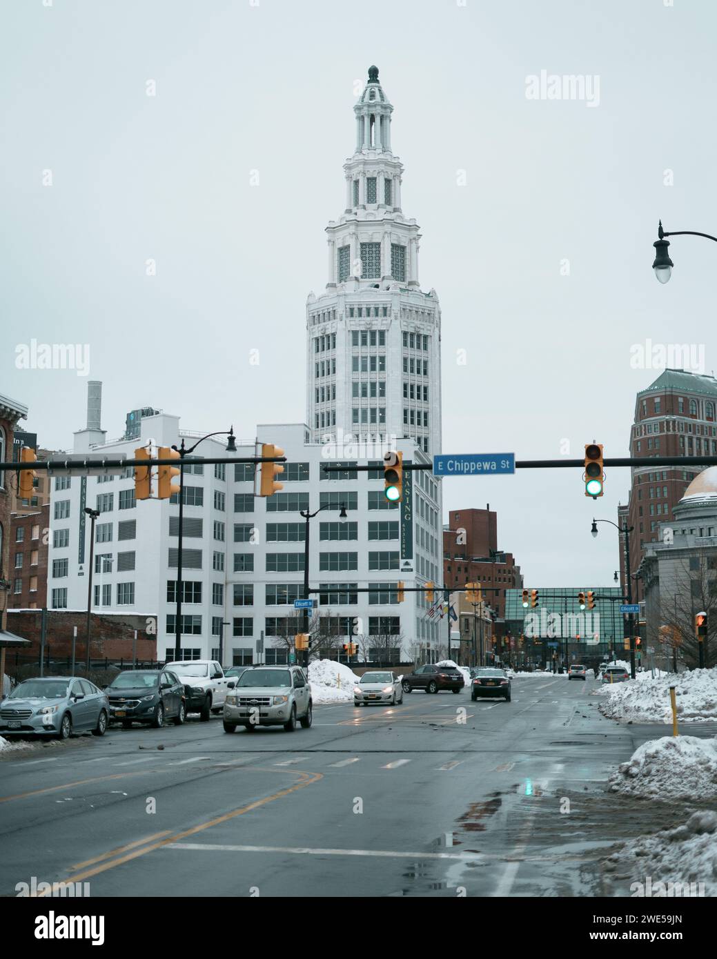 L'Electric Tower nella neve, nel centro di Buffalo, New York Foto Stock