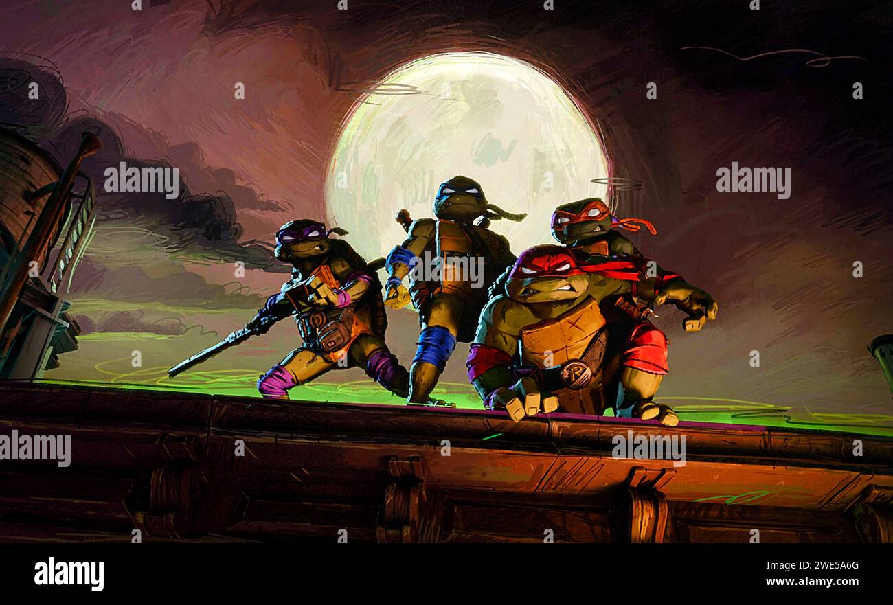 Teenage Mutant Ninja Turtles: Mutant Mayhem (2023) diretto da Raine Allen-Miller e interpretato da Micah Abbey, Shamon Brown Jr., Nicolas Cantu e Brady Noon. Il TMNT ritorna in questa elegante animazione CGI e si propone di conquistare il cuore dei newyorkesi ed essere accettato come adolescenti normali attraverso atti eroici. Foto Stock