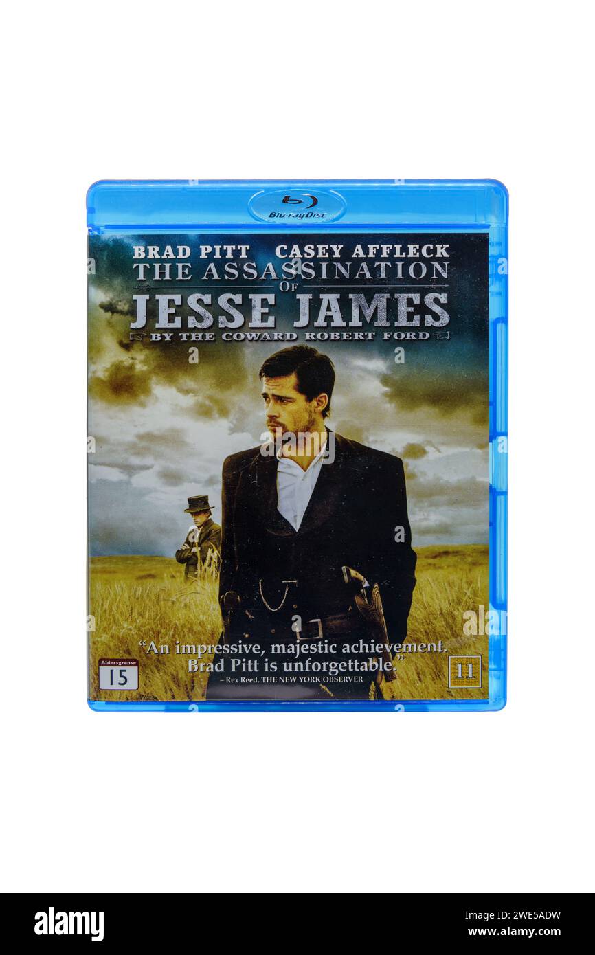 L'assassinio di Jesse James da parte del codardo Robert Ford, Blue Ray Cover. Isolato su sfondo bianco con tracciato di ritaglio. Lahti, Finlandia. Dicembre Foto Stock