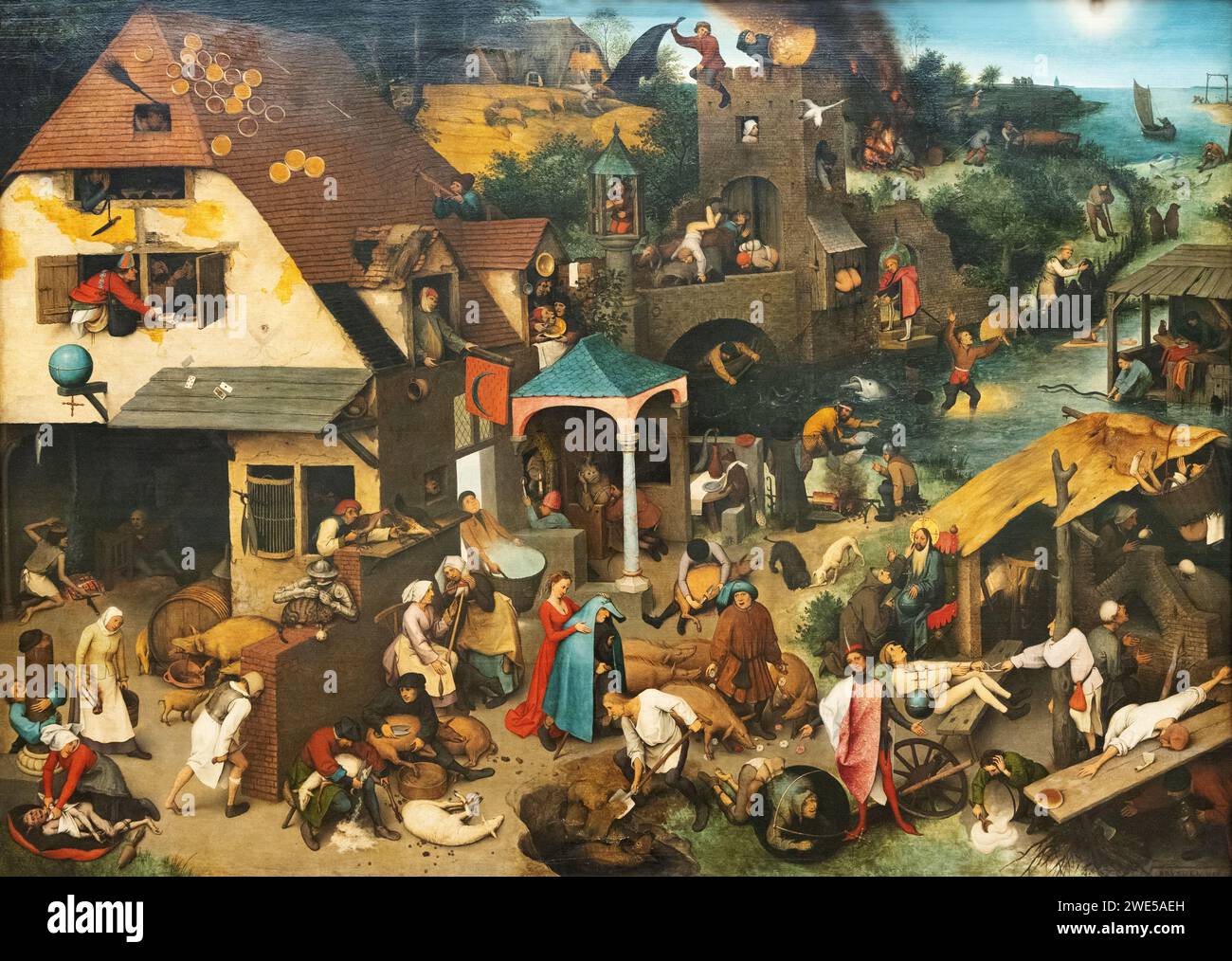 Pieter Bruegel il Vecchio dipinto; 'fiamminghi Proverbi', 1559, noto anche come 'proverbi olandesi'. Oltre un centinaio di proverbi olandesi illustrati dalla vita contadina. Foto Stock