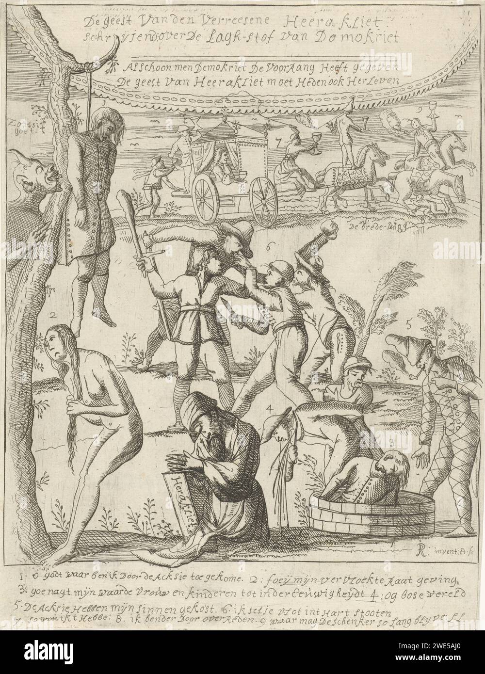 Conseguenze disastrose del commercio d'azione, 1720, Jan de Ridder, 1720 stampa diversi uomini si suicidano dopo aver perso tutto nel commercio d'azione, altri sono impazziti o commettono una rapina. In primo piano il pianto Eraclito, sullo sfondo la carrozza del Rijkaard. Nella didascalia la dichiarazione delle figure da 1 a 9. La stampa appartiene al gruppo di impronte aggiunte alla serie stupida di follia con cartoni animati sul Windhandel o Action Trade del 1720. Carta dei Paesi Bassi del Nord incidere suicidio per disperazione. Attività non aggressive di Eraclito Foto Stock