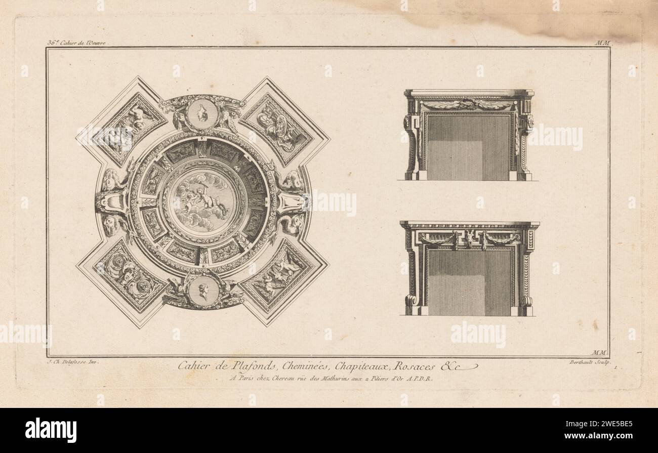 Haarden twee soffitto, Berthault, Jacques-Francois Chéreau, dopo Jean Charles Delafosse, 1771 stampa a sinistra un soffitto tondo ornato con putti con torce al centro. Due caminetti sulla destra. Soffitto con incisione/incisione in carta parigina (decorata). focolare aperto, caminetto Foto Stock
