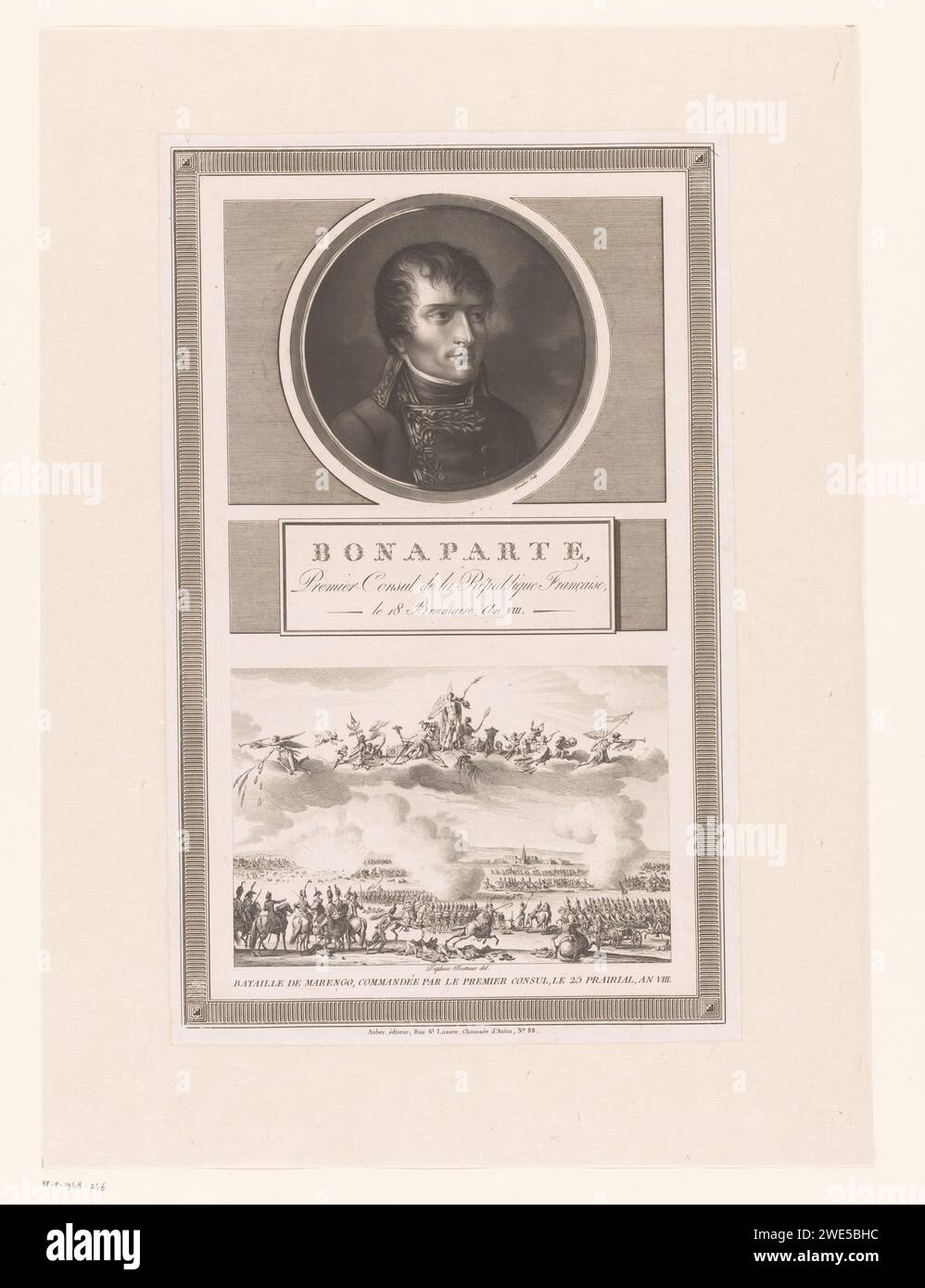 Ritratto di Napoleone i Bonaparte sopra la battaglia di Marengo, Charles Francois Gabriel Levachez, 1800 - 1820 ca. Stampa di carta parigina che incide personaggi storici. battaglia Foto Stock