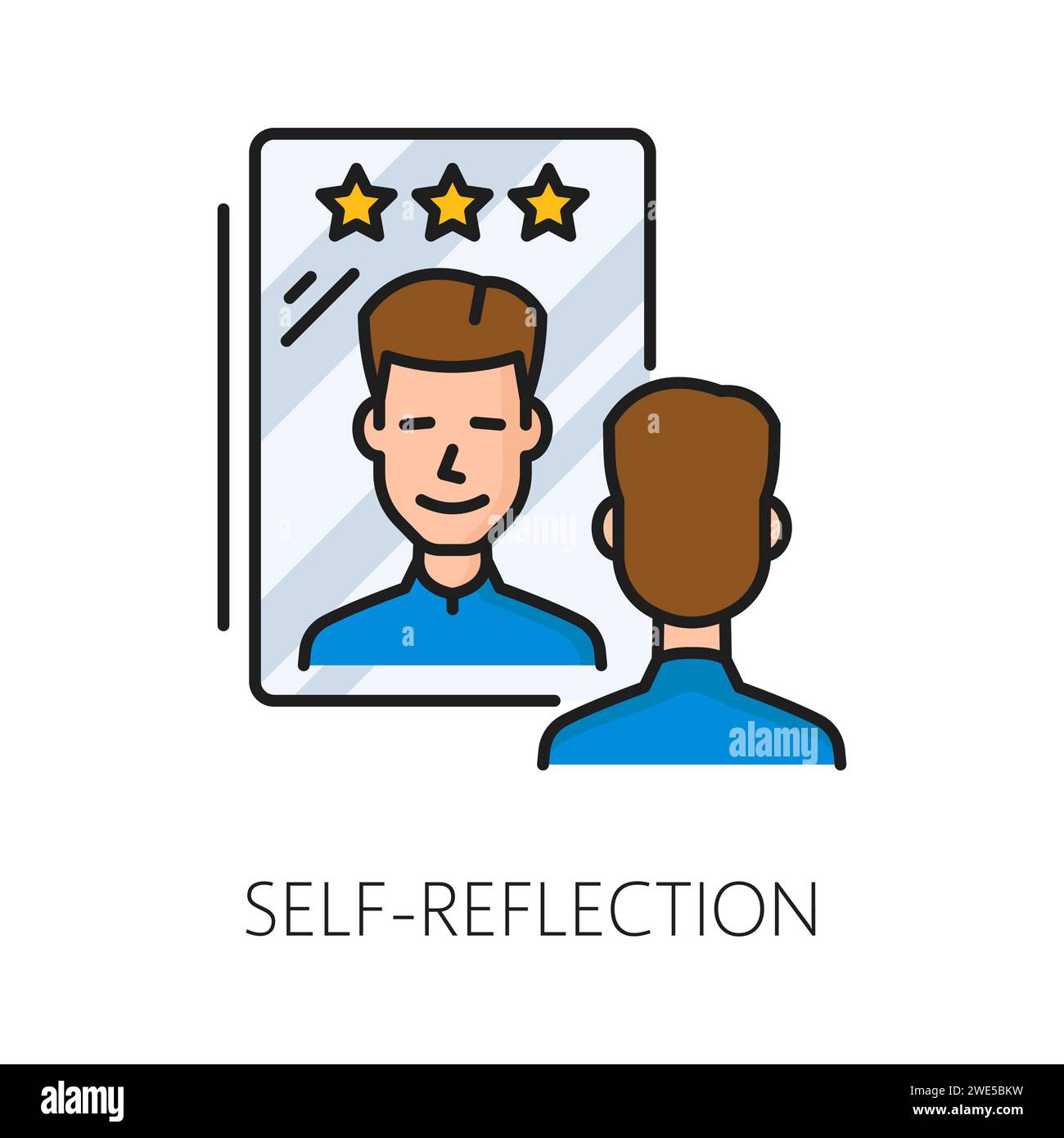 Auto-riflessione disturbo psicologico problema, salute mentale isolato linea sottile icona, simboleggia introspezione e auto-consapevolezza, rappresentato da uno specchio che contempla con la riflessione del viso maschile Illustrazione Vettoriale