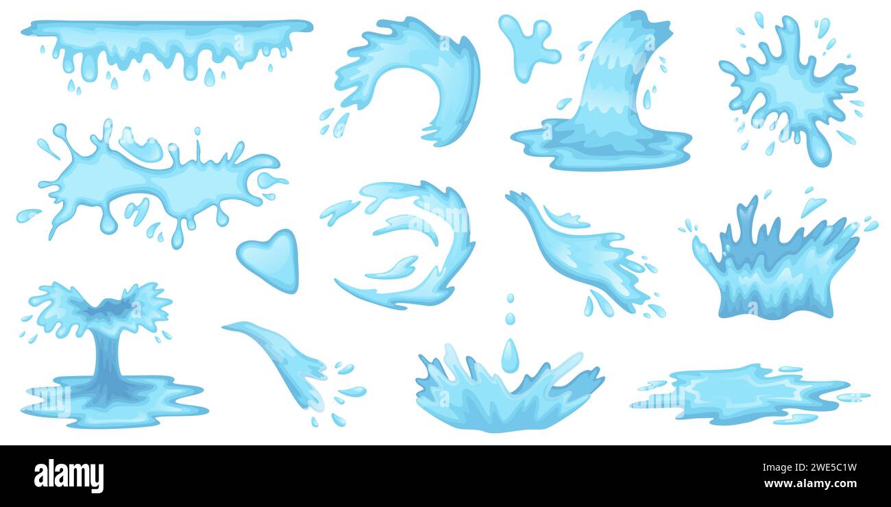Gocce d'acqua dei cartoni animati. Particelle volanti e fluenti di liquido blu. Spruzzi di mare. Corone fluide e fontane. Pulire le forme di acqua fresca. Puddle e. Illustrazione Vettoriale