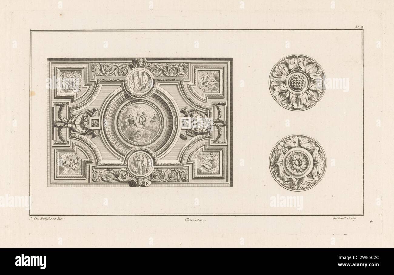 Soffitto Rozetten, Berthault, Jacques-Francois Chéreau, in onore di Jean Charles Delafosse, 1771 stampa a sinistra un soffitto rettangolare decorato con putti, motivi a conchiglia e tre medaglioni rotondi con figure. Due rosette a destra. Soffitto con incisione/incisione in carta parigina (decorata). rosetta  ornamento Foto Stock
