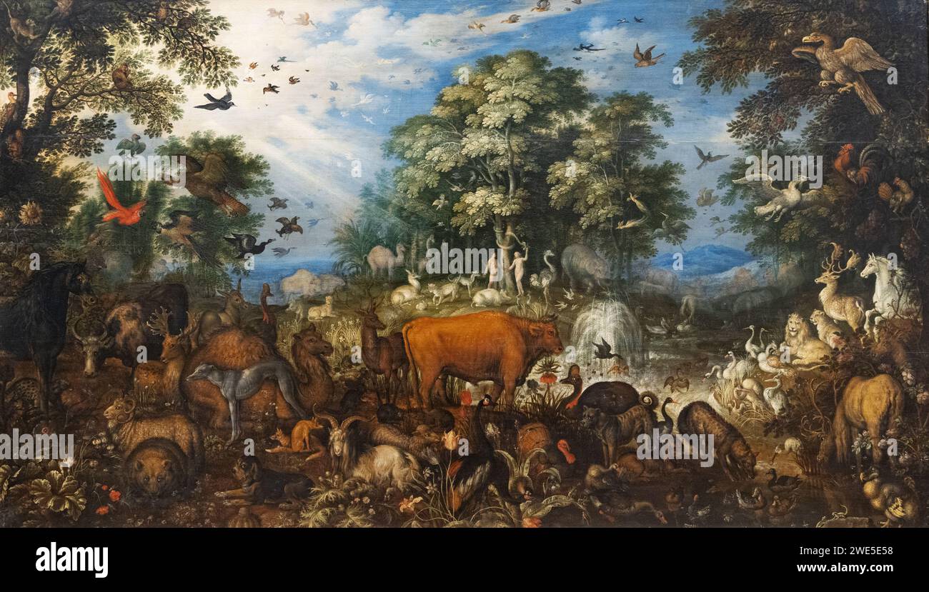 Roelant Savery pittura 'Paradiso', 1626; animali che circondano Adamo ed Eva; pittura artistica del XVII secolo. Pittore olandese del secolo d'oro Foto Stock