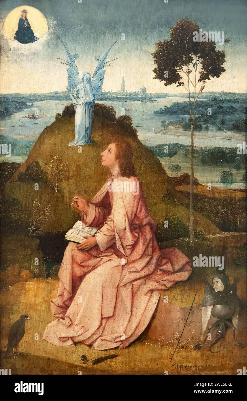 Pittura di Hieronymus Bosch, San Giovanni Evangelista su Patmos, 1489. Esempio del XV secolo dei primi dipinti olandesi. Gemaldegalerie Berlin Foto Stock