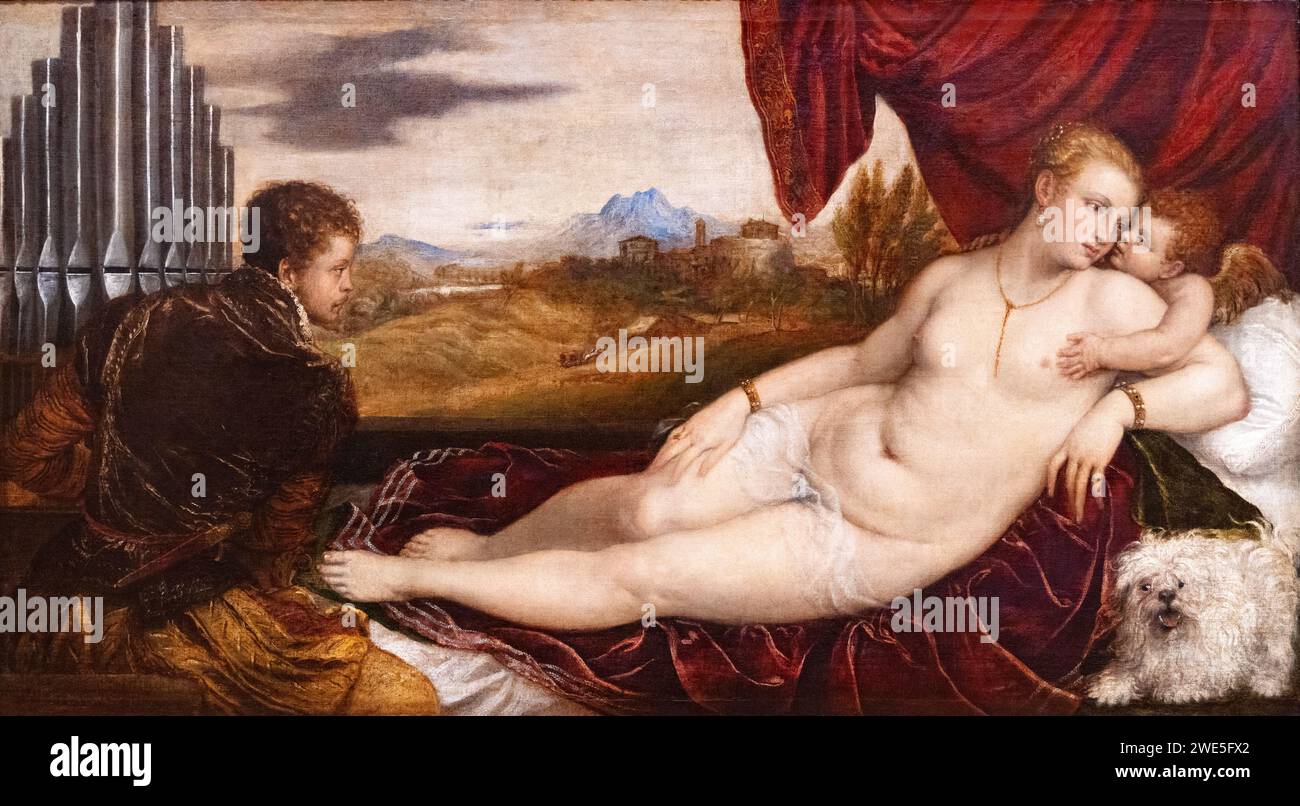 Pittura tiziana - "Venere con Organ Player" 1550; pittura rinascimentale italiana, scuola veneziana, Italia, anni '1500, xvi secolo Foto Stock
