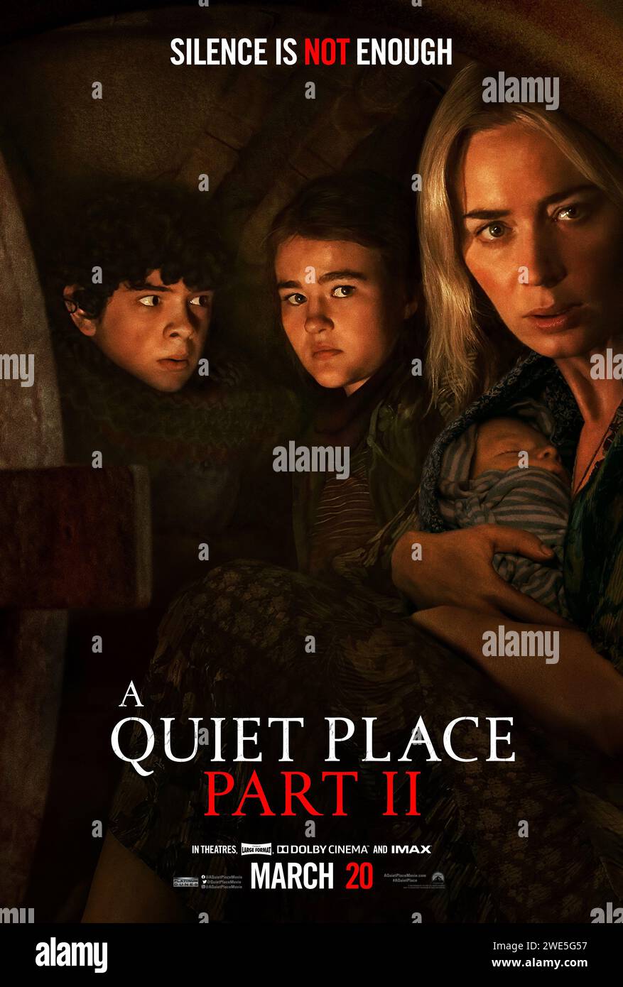 Un posto tranquillo, parte II poster Emily Blunt, Millicent Simmonds e Noah Jupe Foto Stock