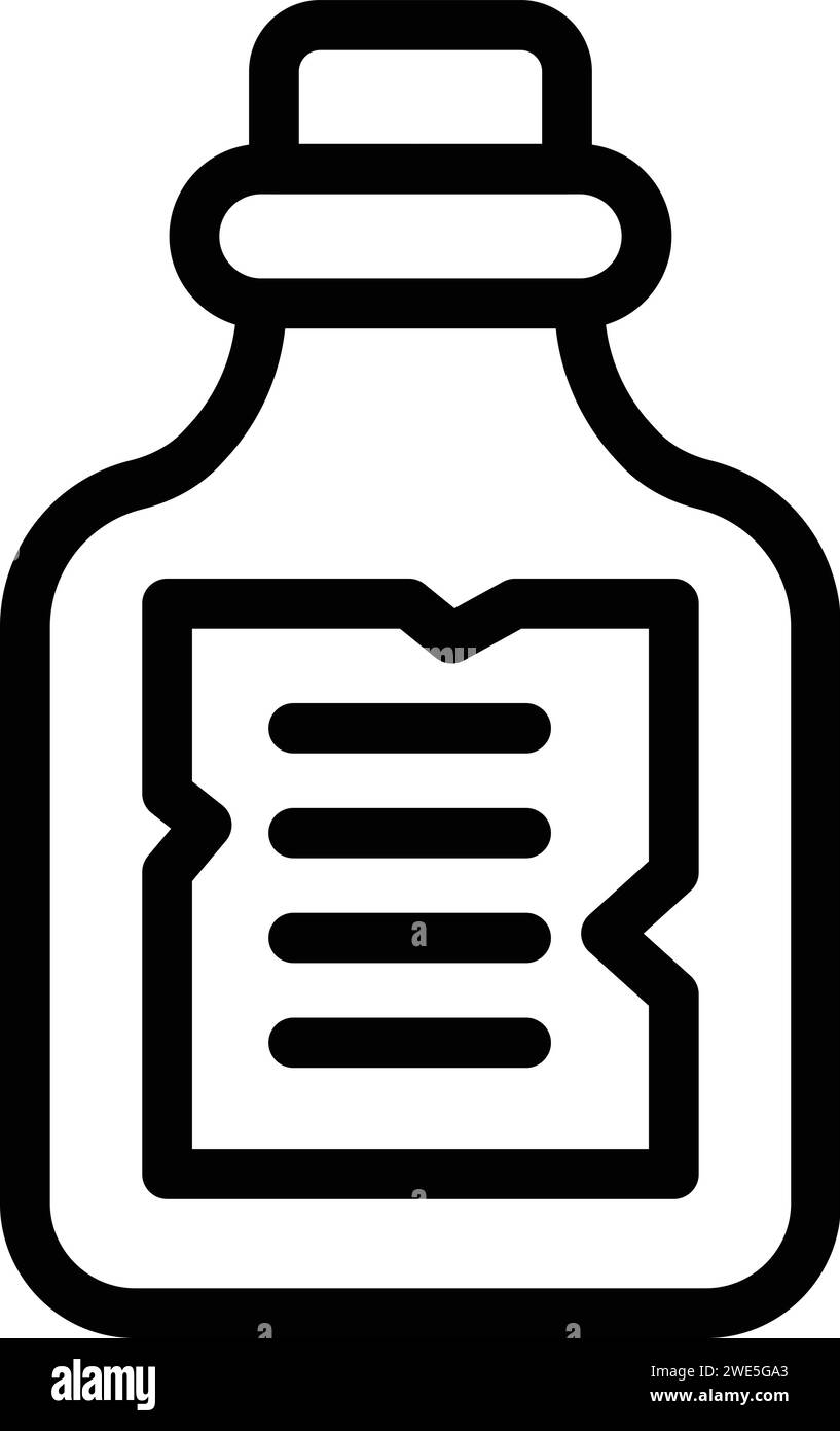 Icona del flacone del messaggio di arresto per il vettore di contorno. Vetro di sughero. Nota marina Illustrazione Vettoriale