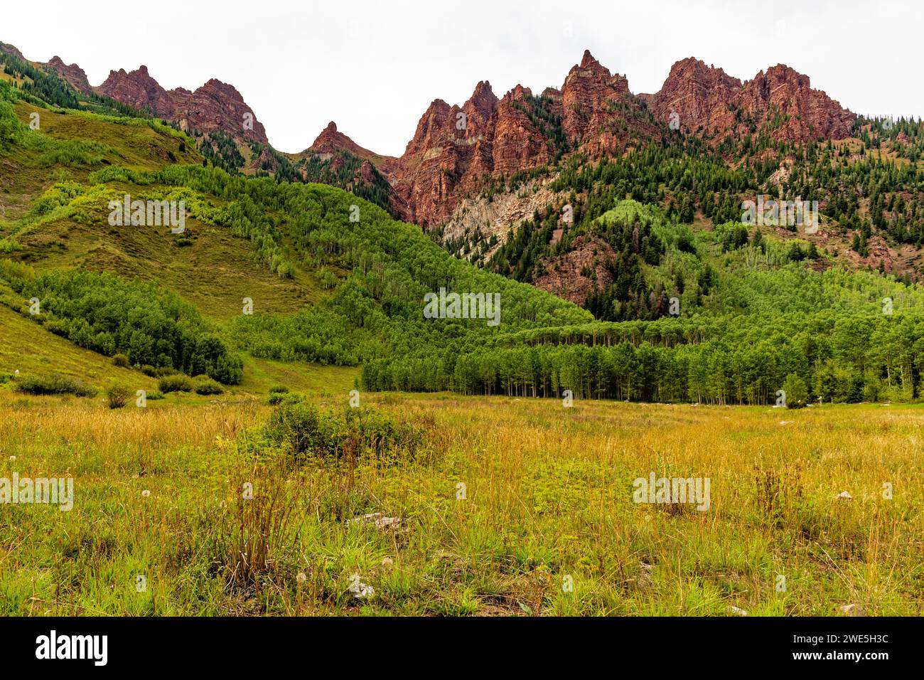 Aspens e le scogliere rosse intorno al lago Maroon ad Aspen, Colorado Foto Stock