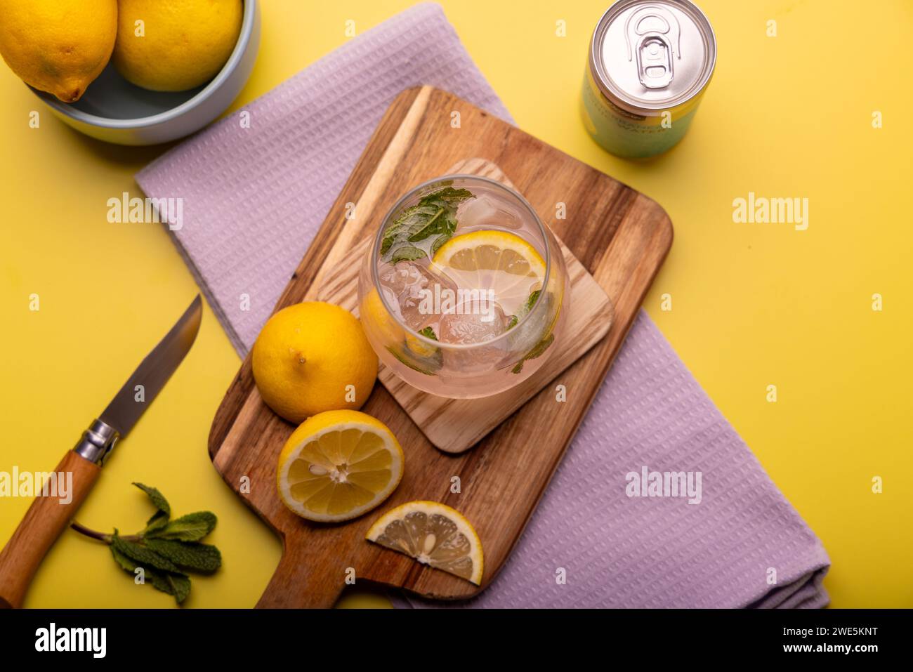 Gin tonic con menta e fetta di limone come guarnigione Foto Stock