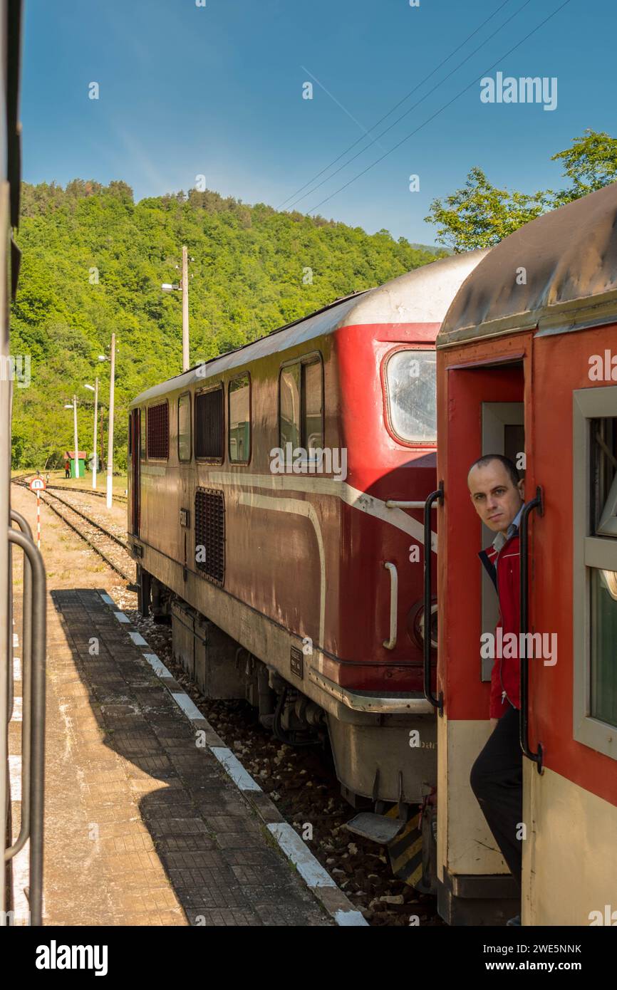 Il più antico treno a scartamento ridotto d'Europa. Una foto in movimento di un treno in movimento in montagna. Foto Stock