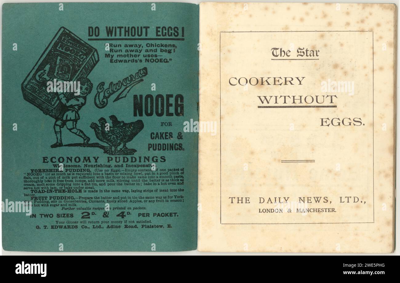 Pubblicità di copertina interna per Nooeg of leaflet, booklet, dalla pubblicazione di giornale originale dell'era della prima guerra mondiale intitolata Cookery Without Eggs, pubblicato da The Star, (di proprietà del Daily News Ltd), pubblicato durante un periodo di aumento dei prezzi alimentari e scarsità di generi alimentari, circa 1918, Regno Unito Foto Stock