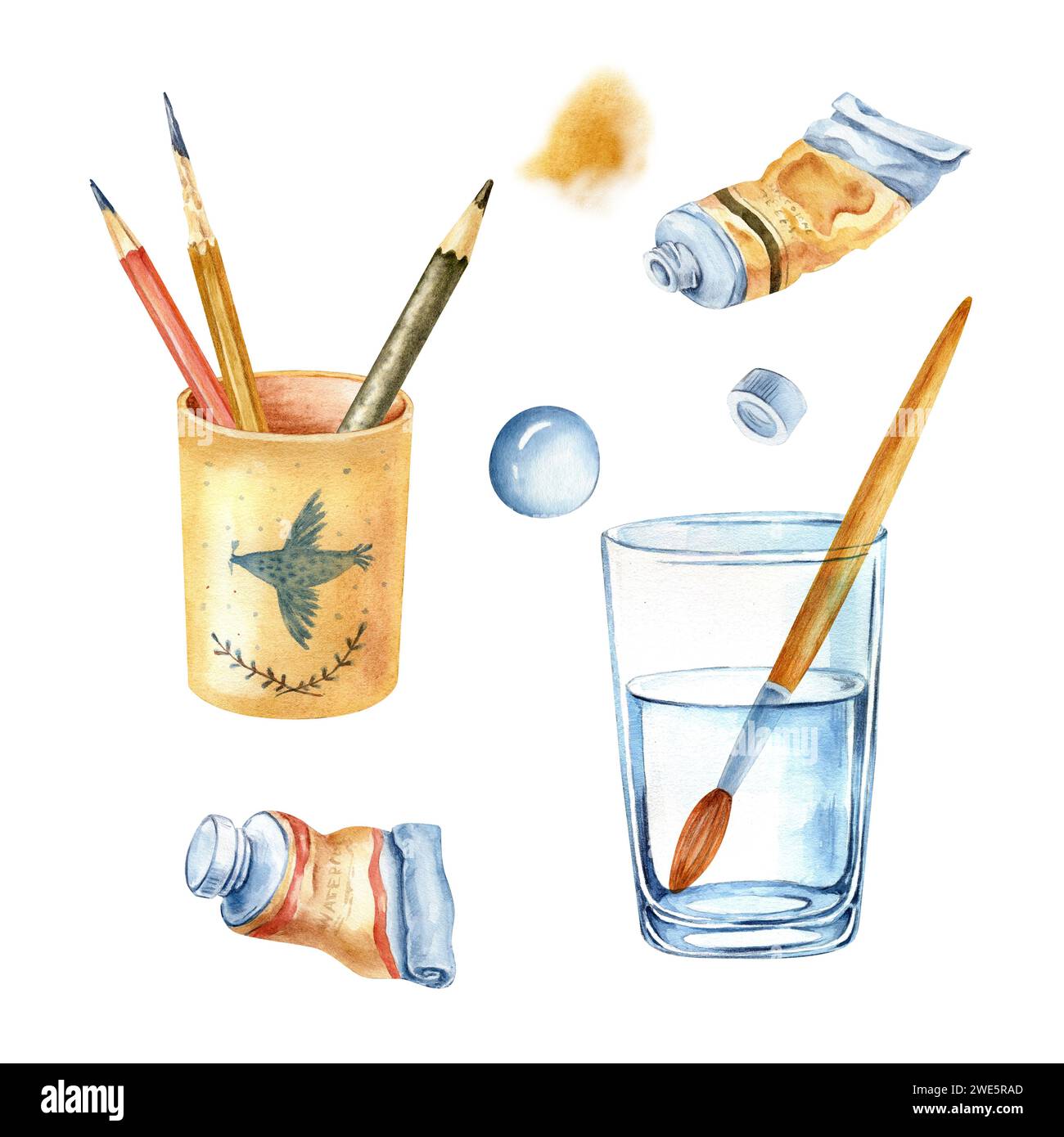 Illustrazione isolata con materiali artistici fatti a mano, pennelli, pitture, matite, vetro, acquerelli su sfondo bianco. Foto Stock