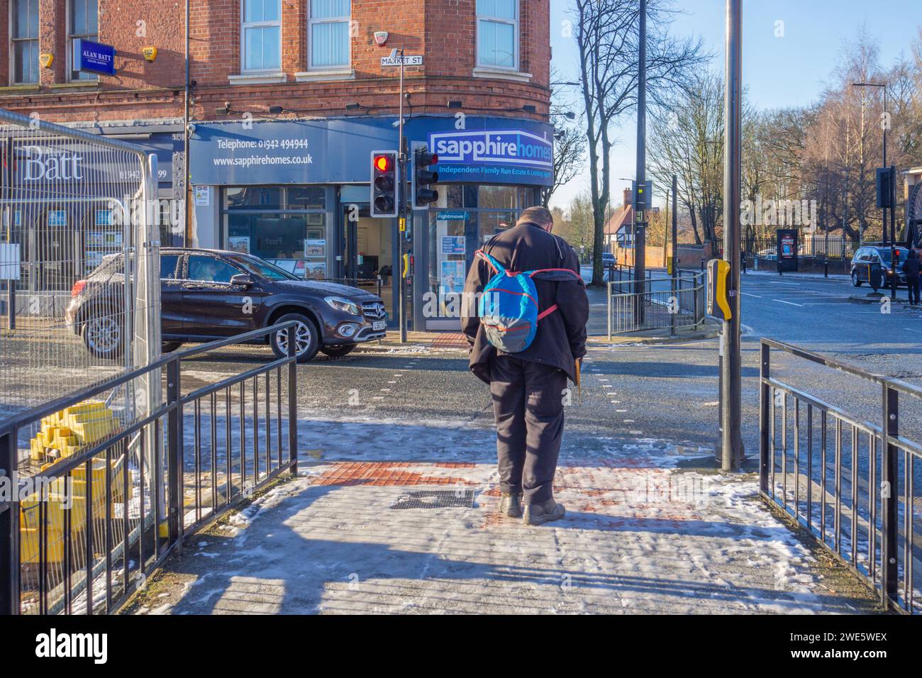 17.01.2024 Wigan, Greater Manchester, Regno Unito. Concentratevi sul sentiero a Wigan Foto Stock