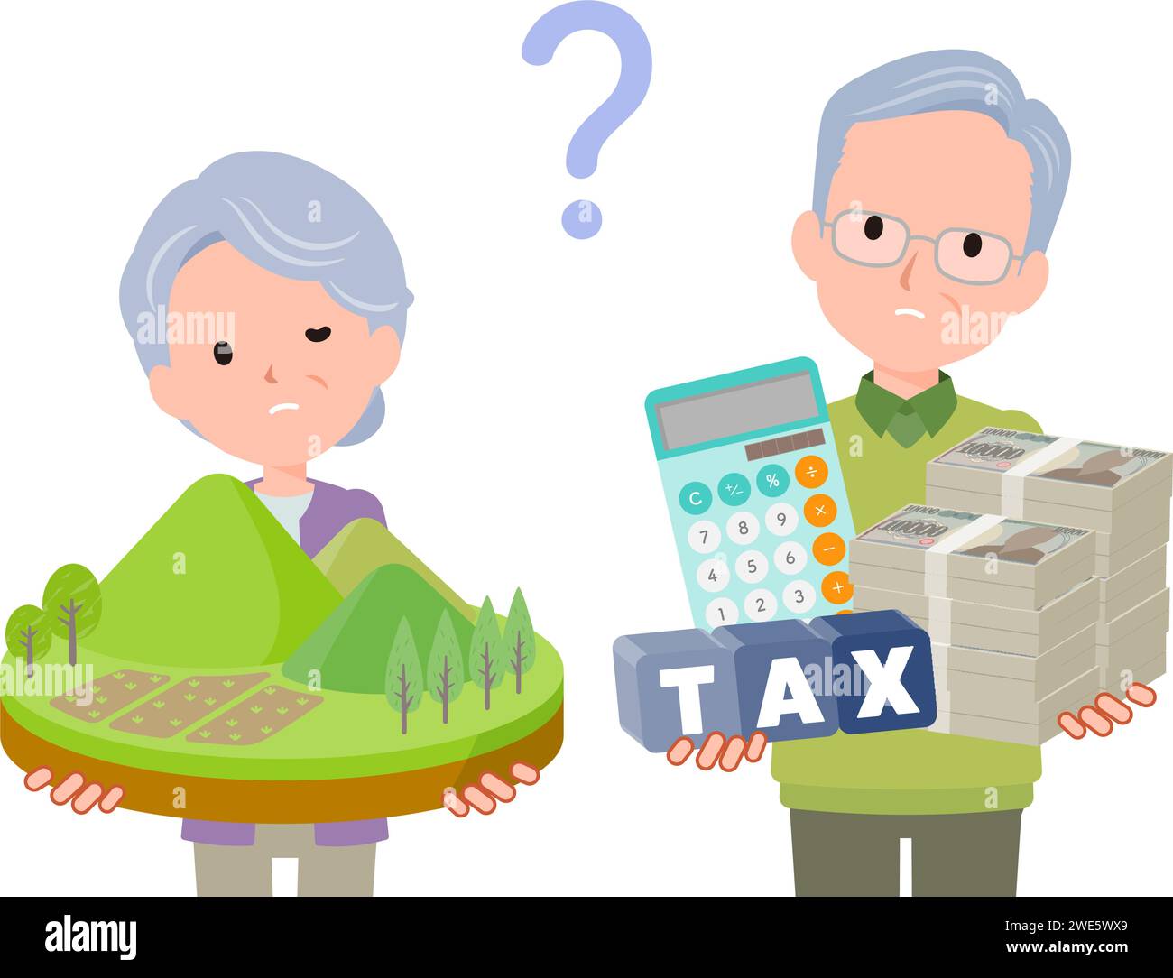 Coppia di anziani con domande su terreni e attività in denaro Illustrazione Vettoriale