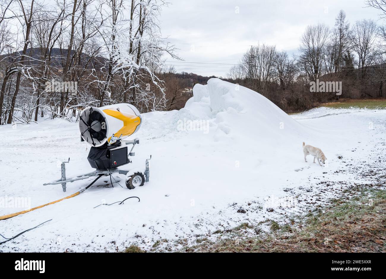 Cannone da neve per la produzione di neve artificiale per piste da sci. Sistema di innevamento artificiale. Foto Stock