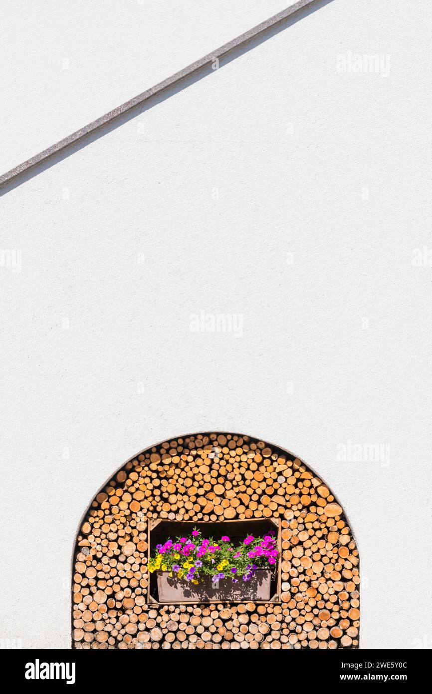 Fornitura di legno per camino, vasi di fiori, Truden, alto Adige, Italia Foto Stock