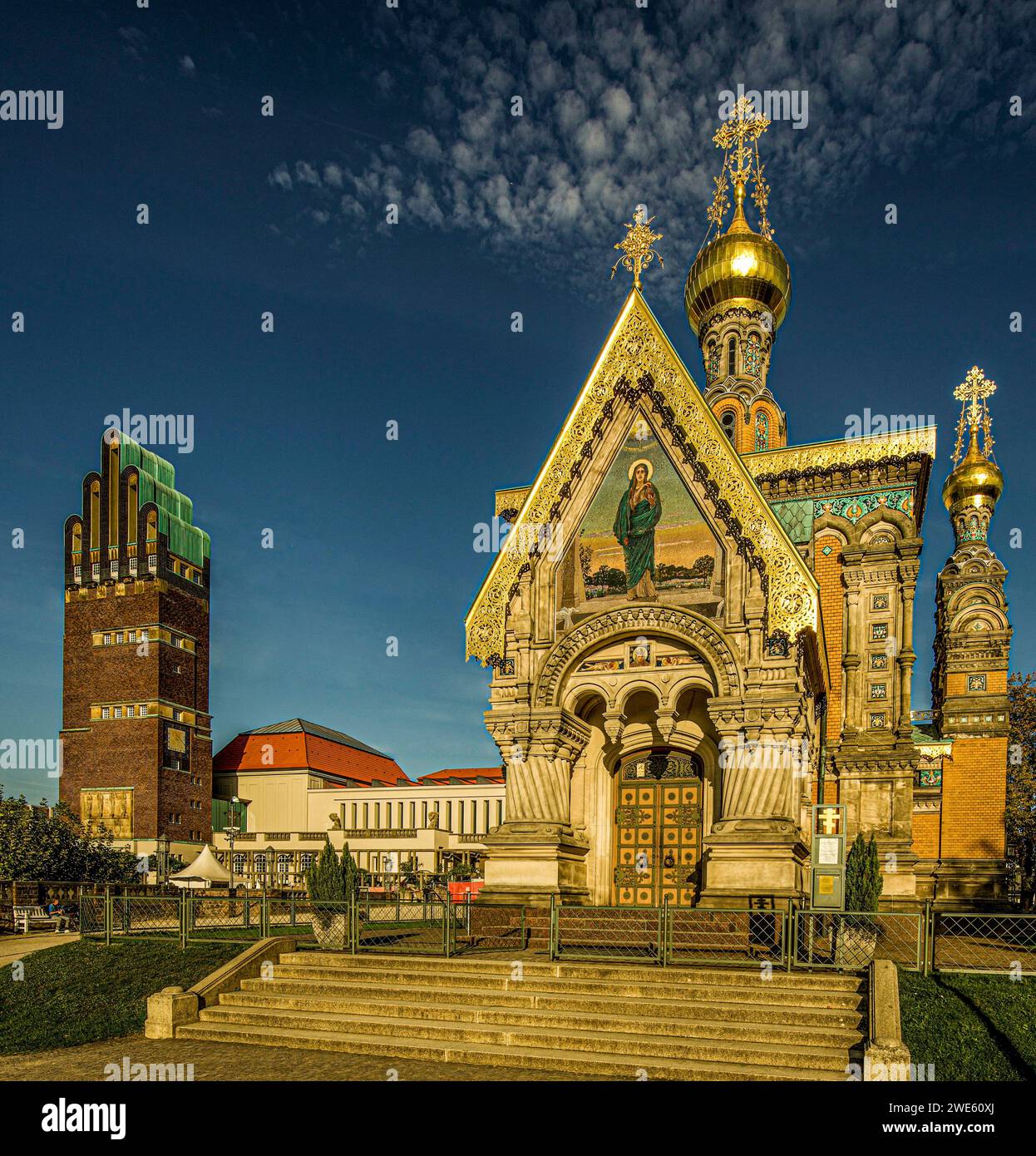 Cappella russa e torre nuziale, Mathildenhöhe, Darmstadt, Assia, Germania Foto Stock