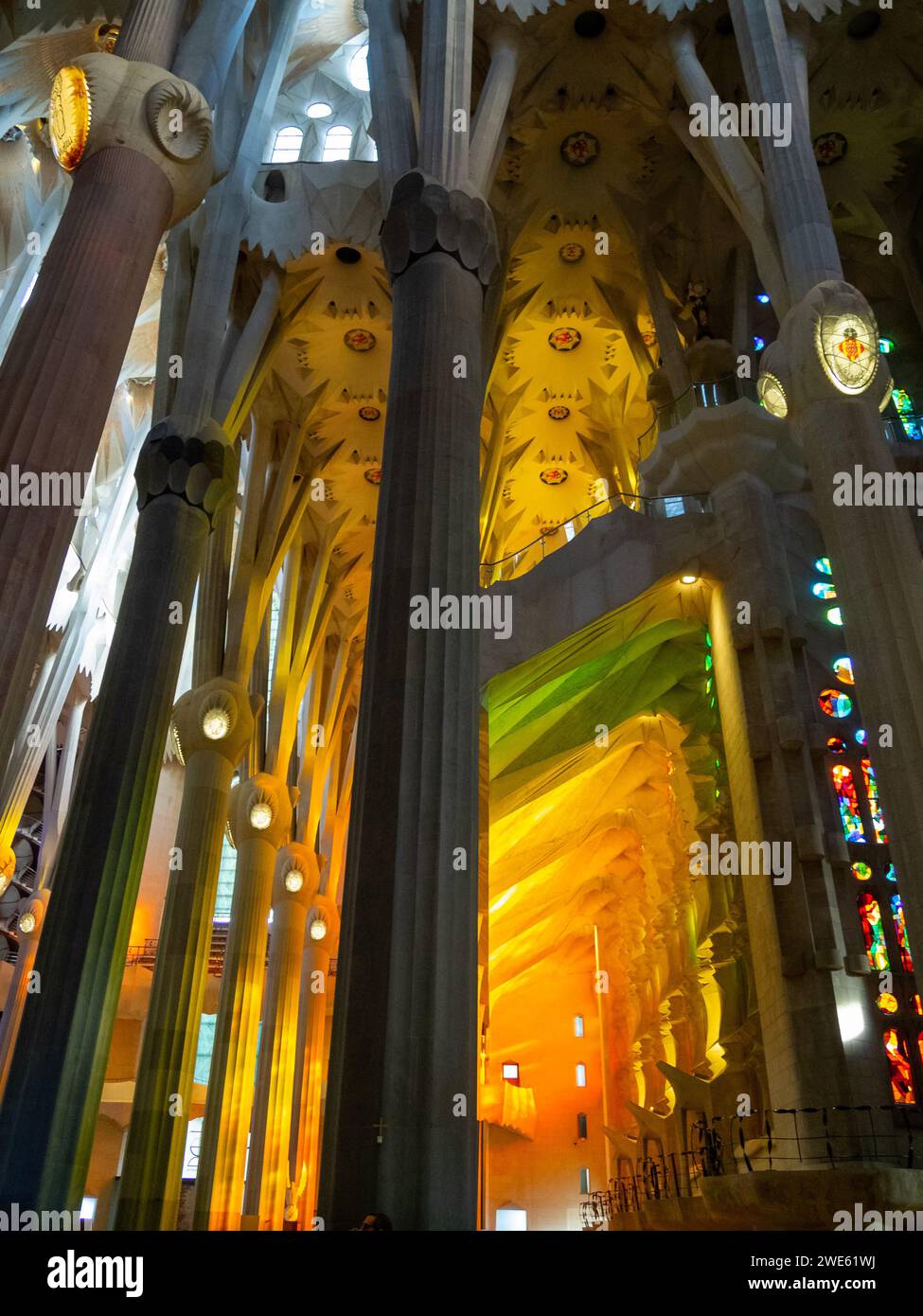 Gli interni della basilica della Sagrada Familia sono illuminati dalla luce colorata che passa attraverso le vetrate colorate Foto Stock