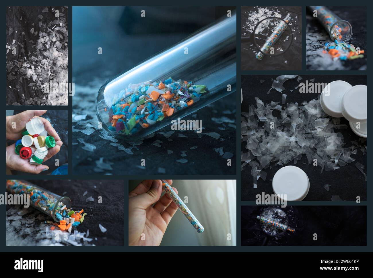 Un collage con immagini microplastiche. Concetto di inquinamento idrico e riscaldamento globale. Una raccolta di macro immagini di microparticelle di plastica. Foto Stock