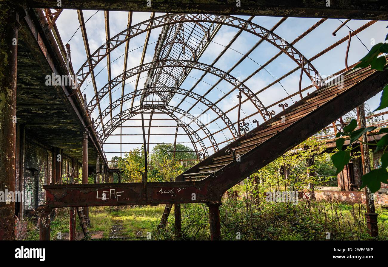 Derelict Winter Gardens Glasshouse a Springburn Park Glasgow, Scozia, abbandonato nel 1983. Foto Stock