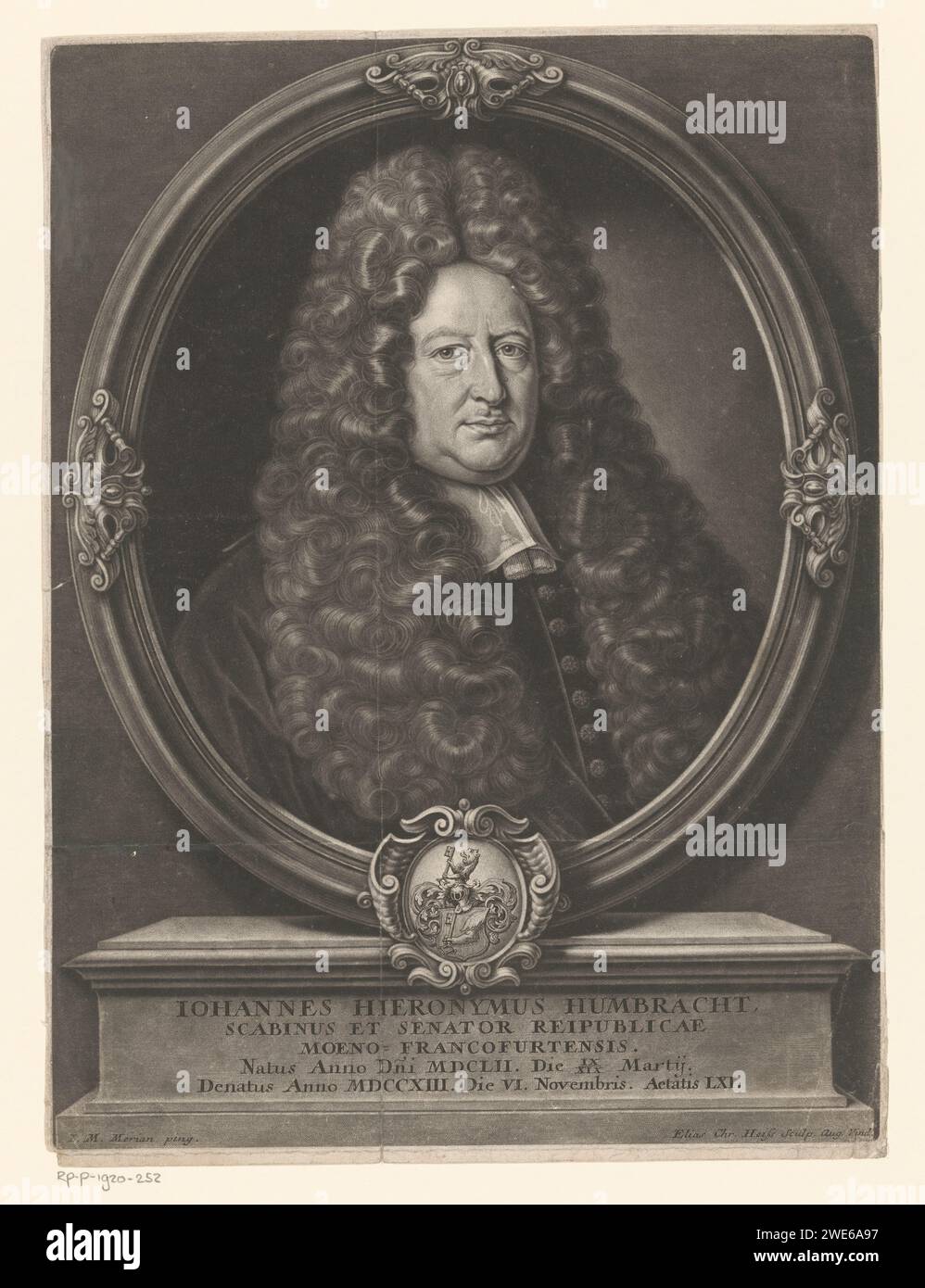 Ritratto van Johann Hieronymus Humbracht, Elias Christopf Heiss, dopo Johann Matthäus von Merian, 1713 - 1731 stampa di carta Augusta che incide personaggi storici. cuscinetto araldico Foto Stock