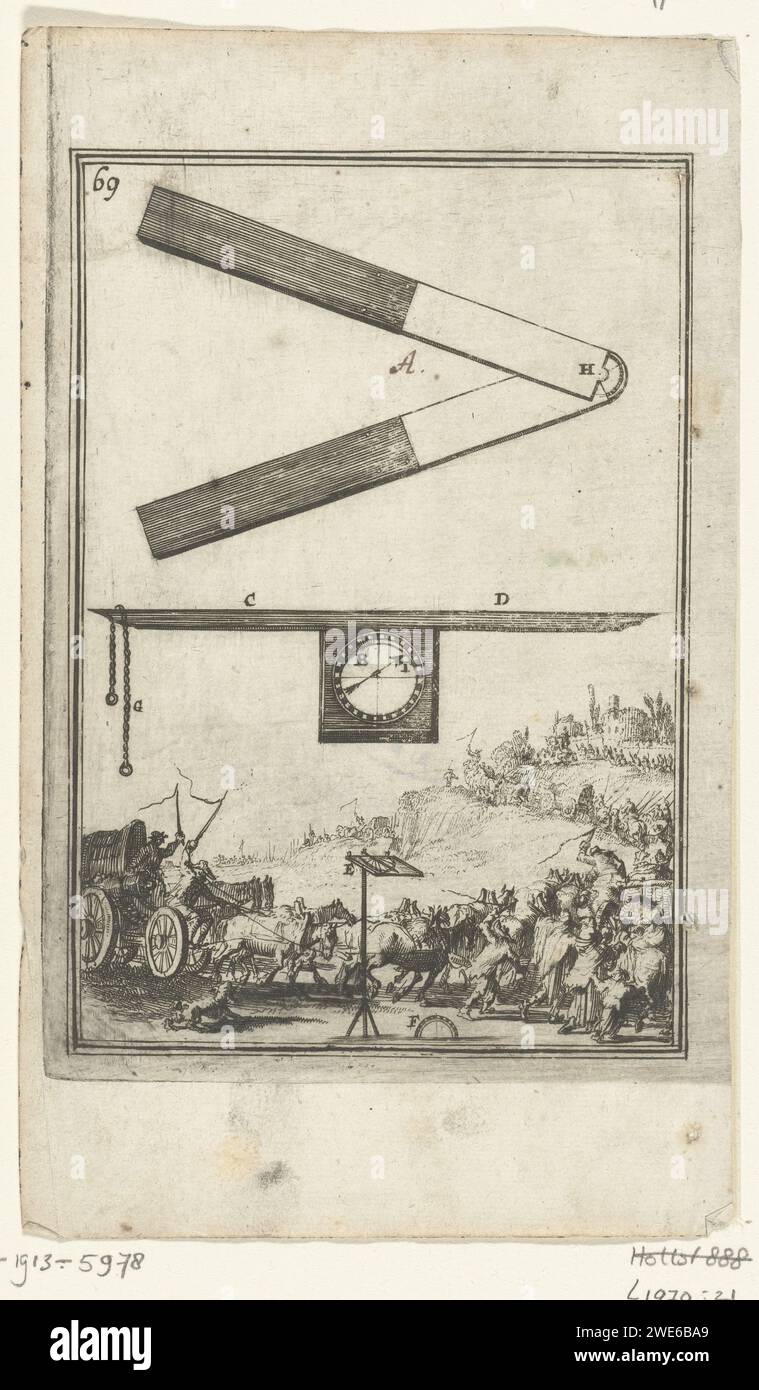 Illustrazione per "il lavoro di Marte" di Allain Manesson Mallet, Romeyn de Hooghe, 1672 stampa due strumenti di misurazione. Sotto di lui un esercito in viaggio. Nell'angolo in alto a sinistra il numero 69 (= il numero della pagina del libro, invece, l'illustrazione è stata posizionata). Fortificazioni per incidere la carta di Amsterdam, ingegneria militare. matematica. esercito "in viaggio" Foto Stock