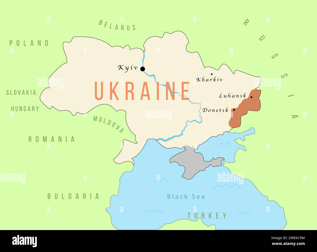 Mappa semplice e colorata dell'Ucraina con Crimea occupata e regioni orientali sotto il conflitto Illustrazione Vettoriale