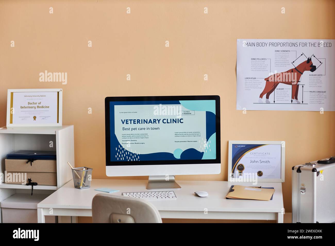 Computer sulla scrivania vicino ai certificati e al diagramma dei cani nella clinica veterinaria Foto Stock