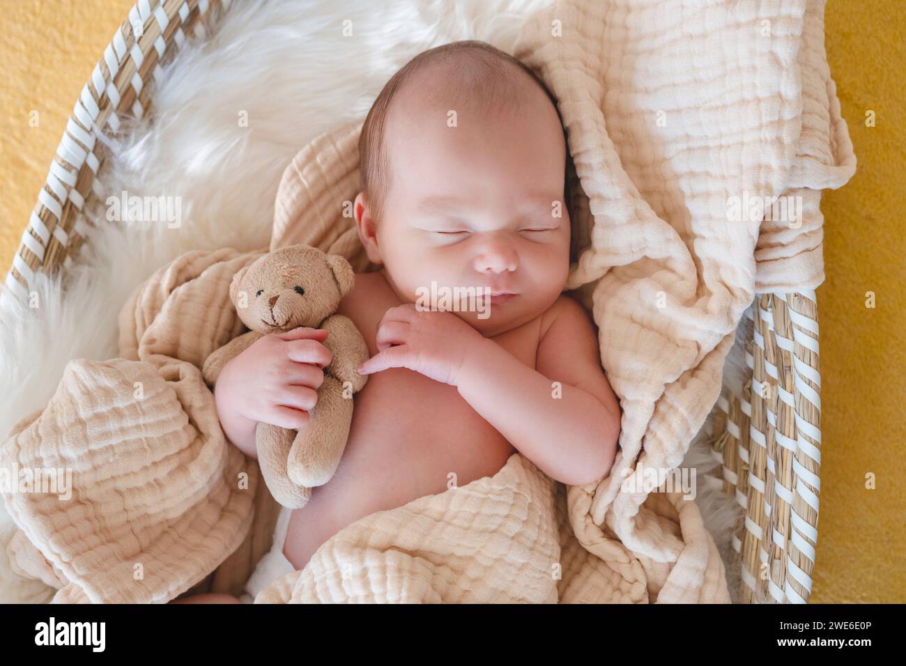 Adorabile bambino che dorme con il giocattolo imbottito nel cestino Foto Stock