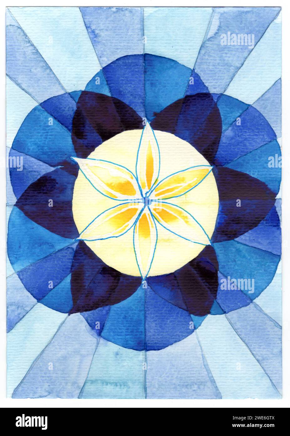 Pittura ad acquerello di fiori blu e giallo Foto Stock