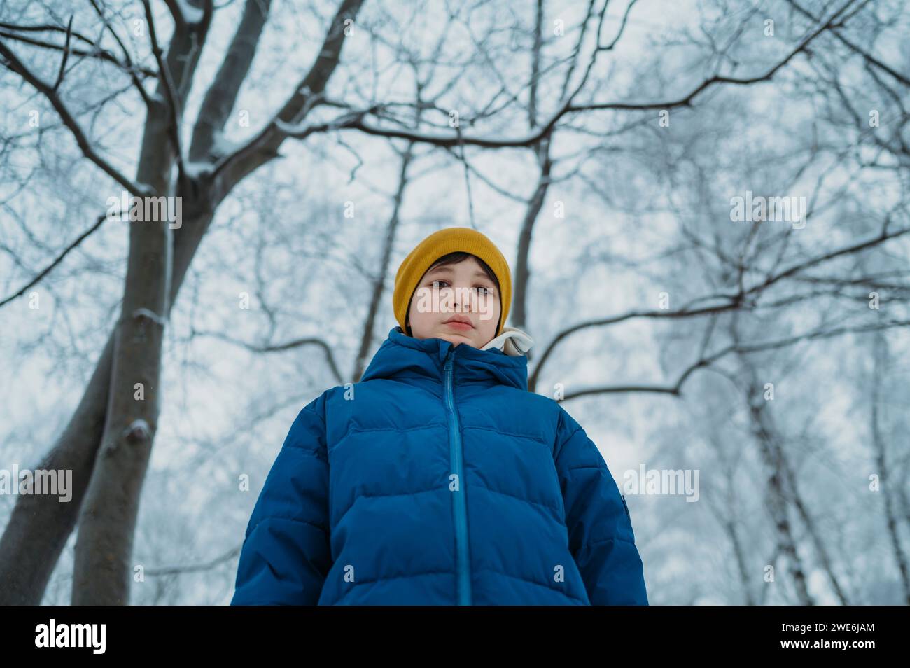 Ragazzo che indossa una giacca invernale vicino agli alberi nella foresta Foto Stock