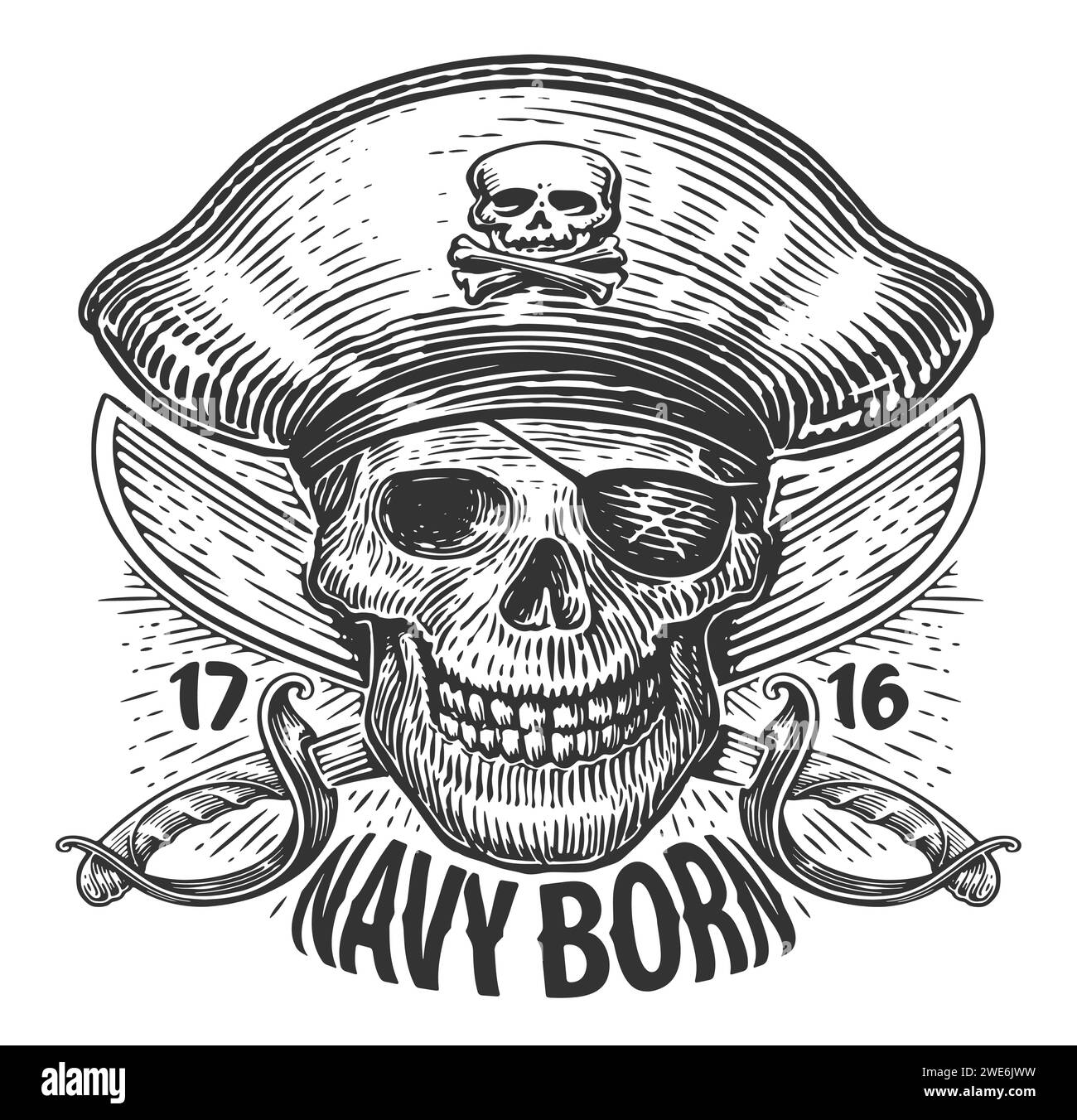 NAVY BORN. Teschio e sciabole incrociate. Jolly Roger, illustrazione vettoriale d'epoca dei pirati scheletrici Illustrazione Vettoriale