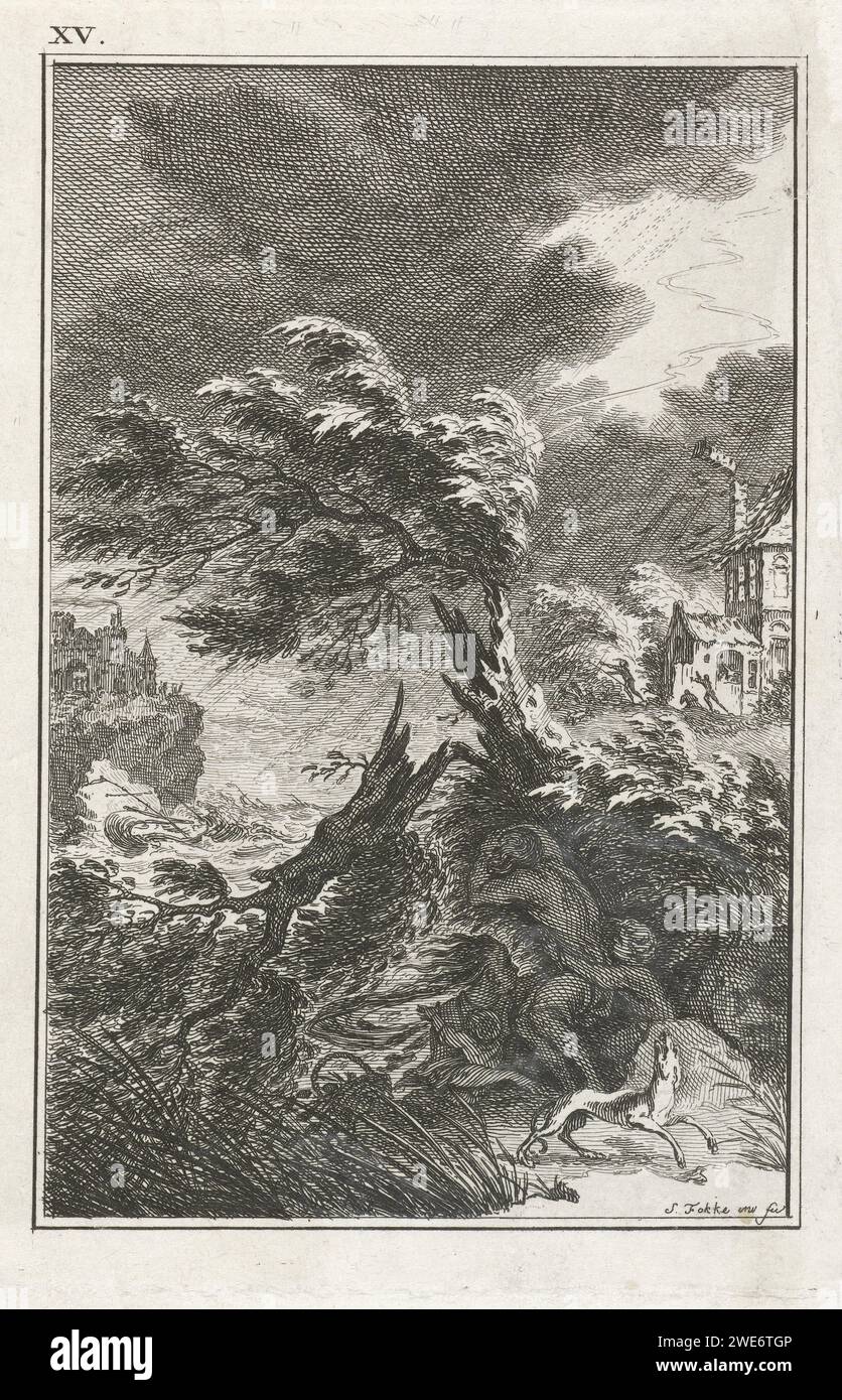 Figure in una tempesta, Simon Fokke, stampa 1722 - 1784 due adulti e due bambini sono avvolti sotto un albero caduto. In lontananza, un camino di una casa sta soffiando a destra e una nave a vela è sepolta a sinistra sotto alte onde. In primo piano, un cane sta urlando. Stampa in alto a sinistra contrassegnata da: XV Tempesta di incisione della carta di Amsterdam. cane (+ mezzi di comunicazione udibili degli animali: ruggito, pianto, canto, abbaiatura, mewing, vicino, segnale acustico, ecc.) Foto Stock