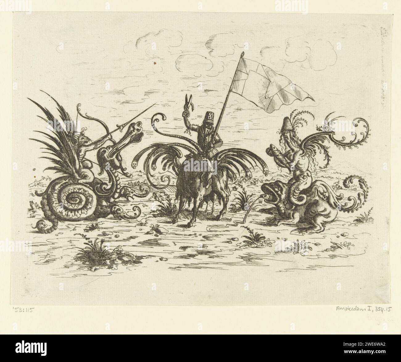Uomo con uno striscione su un buck di capra, Christoph Jamnitzer, 1573 - 1610 stampa paesaggio con un uomo al centro che tiene le forbici in una mano e uno striscione nell'altra. Guida su una capra alata. A sinistra c'è una scimmia alata con una freccia e un arco su una specie di drago. Sulla destra c'è un essere fantastico con un pesce su una rana. Foglia di una serie di decorazioni piatte con crete grotesken, cartigli, ovali, mascarons, putti e creature fantastiche. La collana è composta da tre riviste, due riviste di testo con l'assegnazione e la prefazione e 60 riviste, distribuite su tre libri. Germania (possib Foto Stock Uomo con uno striscione su un buck di capra, Christoph Jamnitzer, 1573 - 1610 stampa paesaggio con un uomo al centro che tiene le forbici in una mano e uno striscione nell'altra. Guida su una capra alata. A sinistra c'è una scimmia alata con una freccia e un arco su una specie di drago. Sulla destra c'è un essere fantastico con un pesce su una rana. Foglia di una serie di decorazioni piatte con crete grotesken, cartigli, ovali, mascarons, putti e creature fantastiche. La collana è composta da tre riviste, due riviste di testo con l'assegnazione e la prefazione e 60 riviste, distribuite su tre libri. Germania (possib Foto Stock