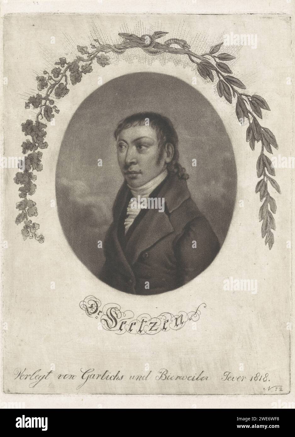 Portret Van Ulrich Jasper Says, Frederik Christian Bear Beweiler, dopo E.C. Dunker, 1818 stampa Ritratto del medico Ulrich Jasper Seetzen. Il ritratto è parzialmente incorniciato da due rami tenuti insieme da un serpente. Jever cartaceo che incide serpenti Foto Stock