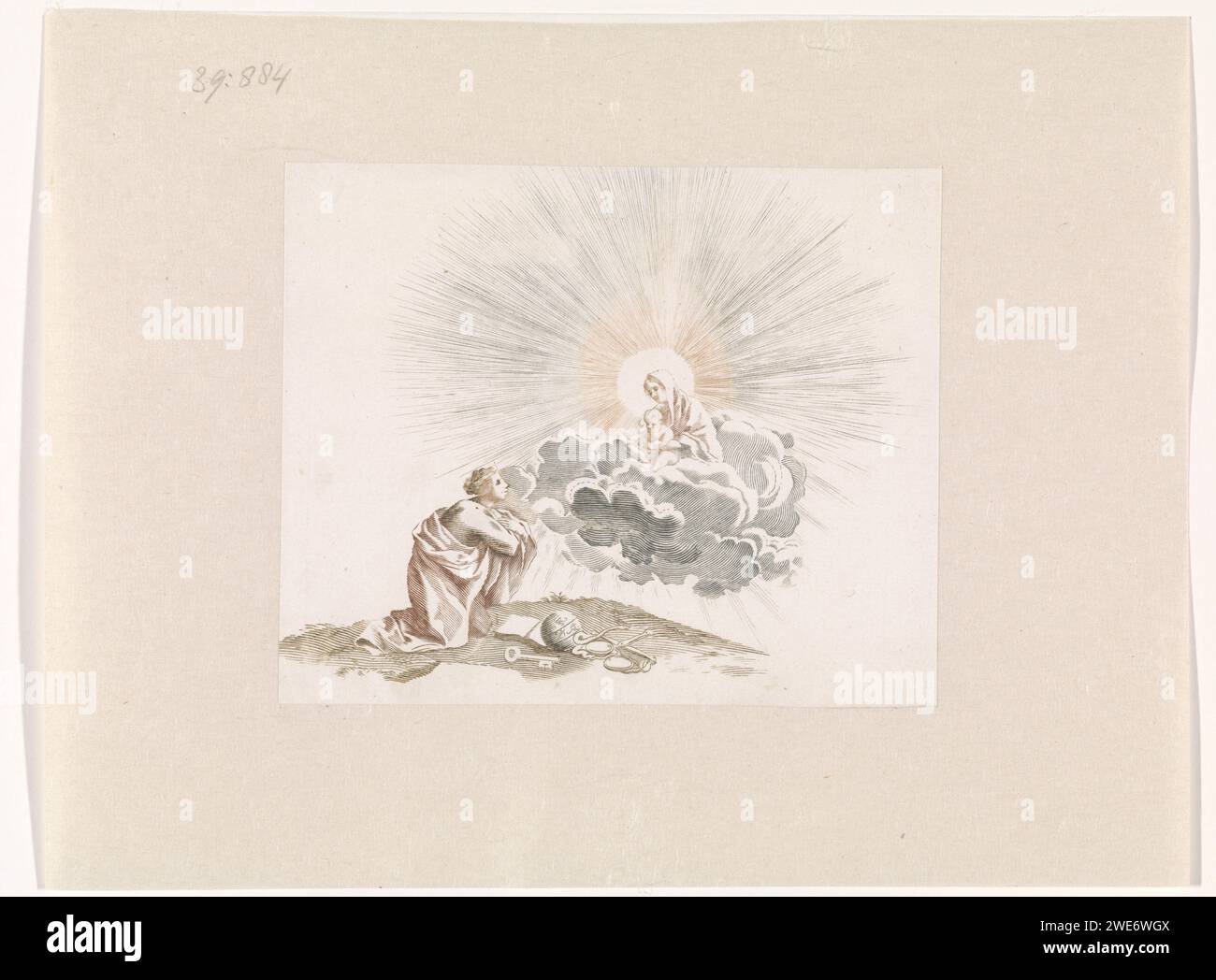 Una donna prega Maria con Christenkind, Anonimo, 1688 - 1698 stampa Una donna inginocchiata e prega Maria, che appare sulle nuvole con Cristo bambino. Ai piedi della donna in preghiera ci sono un libro, un grob celeste, il serpente della prudenza, la scala della giustizia e una chiave. Incisione di carta olandese Madonna: Cioè Maria con il Cristo bambino. una persona che prega. chiave. scale Foto Stock