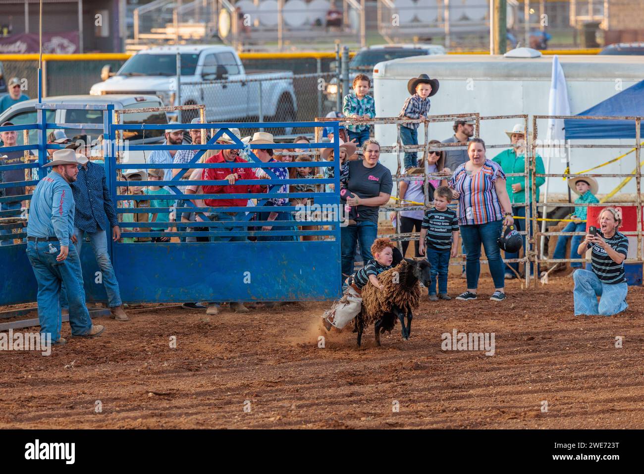 Giovane ragazzo che cavalca una pecora in un evento di busting di montoni durante il rodeo della fiera della contea di Hardin a Savannah, Tennessee Foto Stock