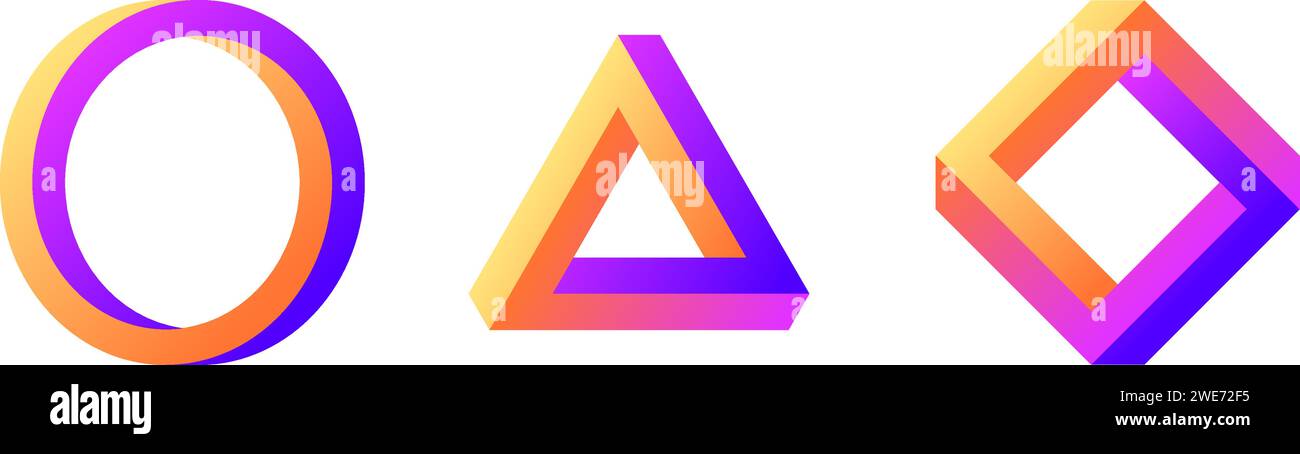 Set di forme impossibile. Colorato cerchio, quadrato, triangolo illusorio ottico. Prelievo di strisce Gradient mobius. Forme geometriche irreali astratte. Elementi di design del puzzle per logo, icona, etichetta, tag. Vettore Illustrazione Vettoriale