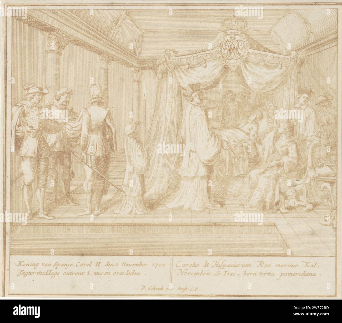 Morte di re Carlo II di Spagna, 1700, Pieter Schenk (i), 1706 - 1727 stampa Carlo II, re di Spagna, sul suo letto di morte, 1 novembre 1700. Letto di morte per incisione di carta Amsterdam Foto Stock